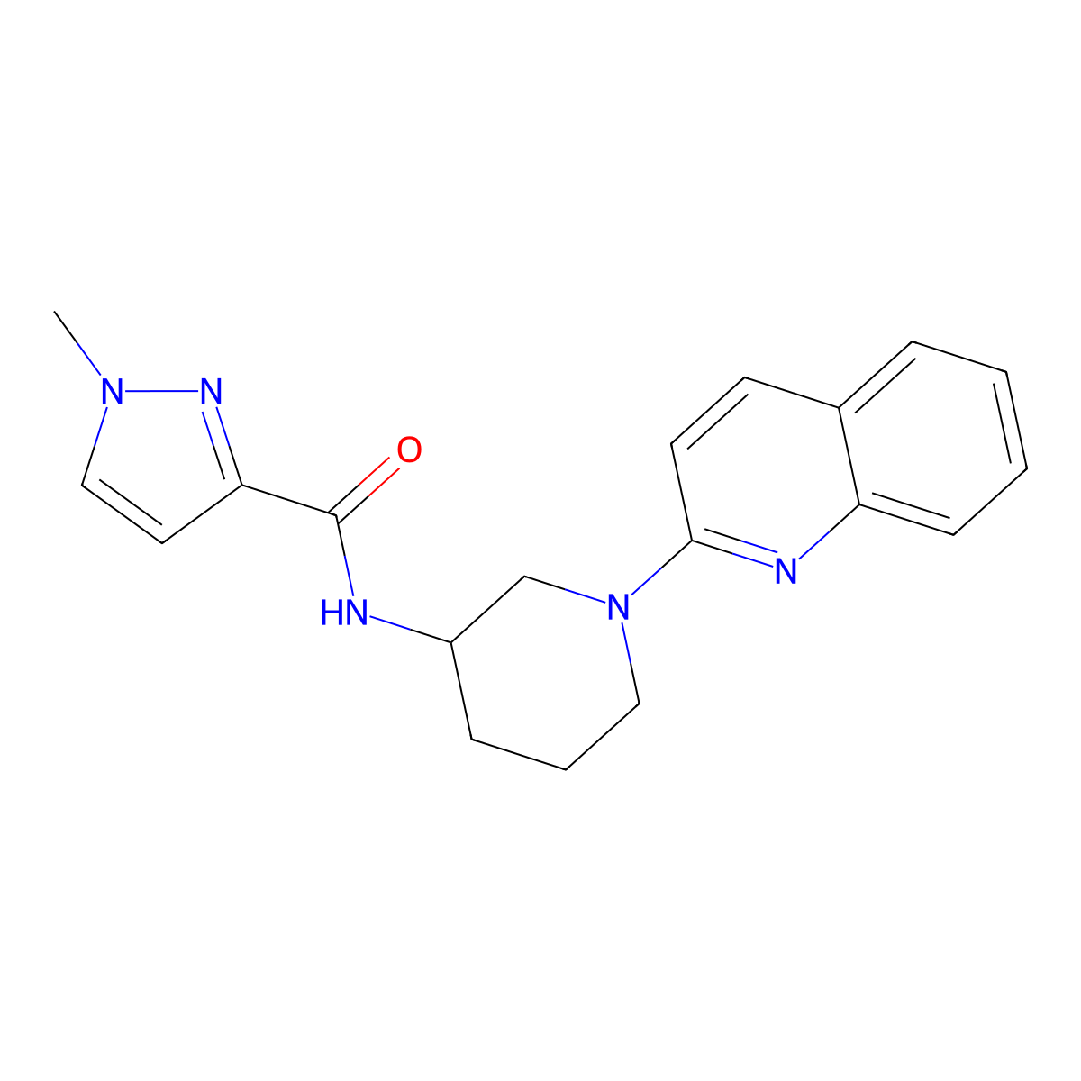 1-methyl-N-[1-(quinolin-2-yl)piperidin-3-yl]-1H-pyrazole-3-carboxamide molecular structure, CAS 3030812-16-6