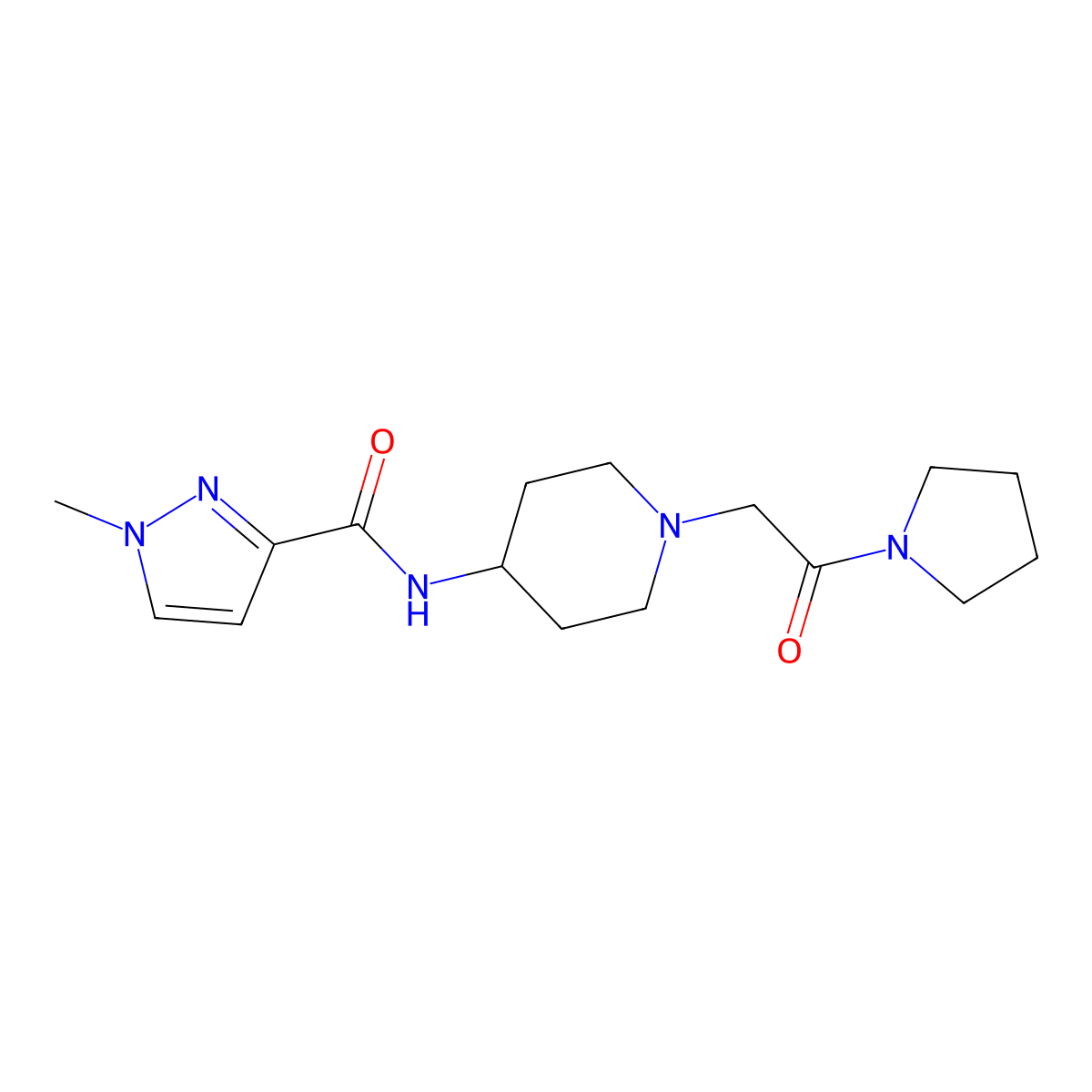 1-methyl-N-{1-[2-oxo-2-(pyrrolidin-1-yl)ethyl]piperidin-4-yl}-1H-pyrazole-3-carboxamide molecular structure, CAS 3030812-19-9
