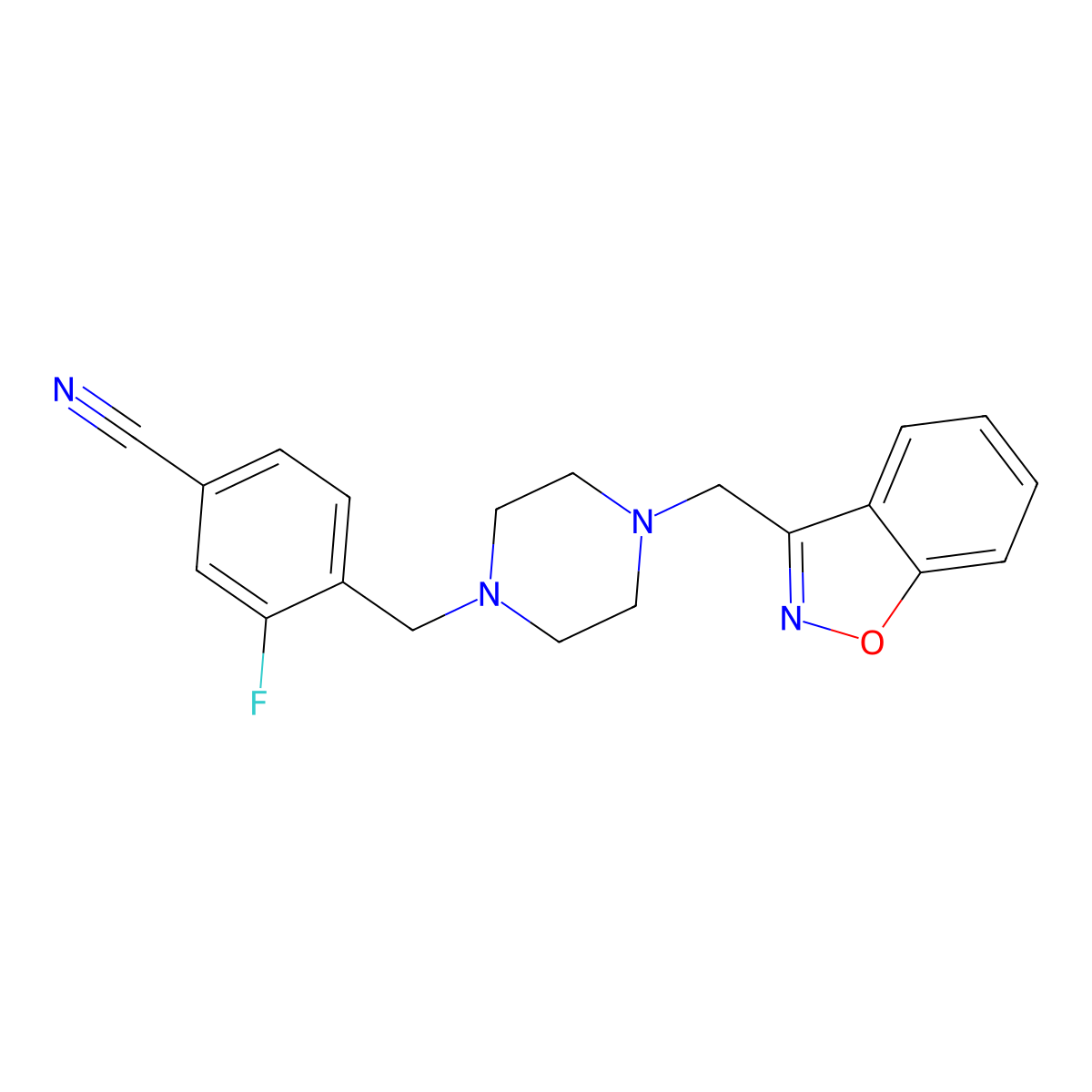 4-({4-[(1,2-Benzoxazol-3-yl)methyl]piperazin-1-yl}methyl)-3-fluorobenzonitrile molecular structure, CAS 3030812-23-5