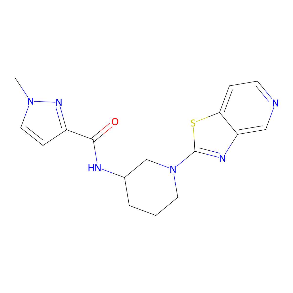 1-methyl-N-(1-{[1,3]thiazolo[4,5-c]pyridin-2-yl}piperidin-3-yl)-1H-pyrazole-3-carboxamide molecular structure, CAS 3030812-26-8