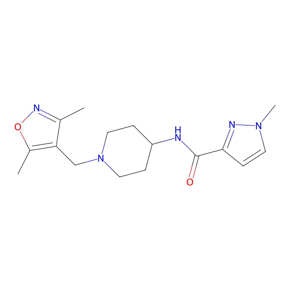 N-{1-[(3,5-dimethyl-1,2-oxazol-4-yl)methyl]piperidin-4-yl}-1-methyl-1H-pyrazole-3-carboxamide molecular structure, CAS 3030812-34-8
