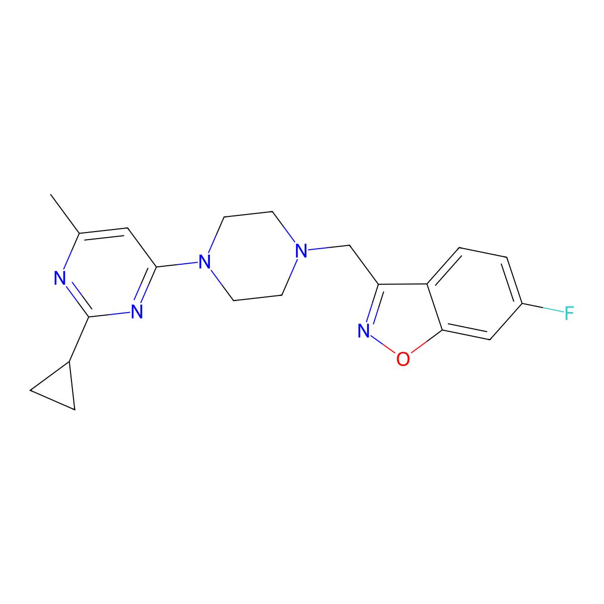 3-[[4-(2-Cyclopropyl-6-methylpyrimidin-4-yl)piperazin-1-yl]methyl]-6-fluoro-1,2-benzoxazole molecular structure, CAS 3030812-48-4