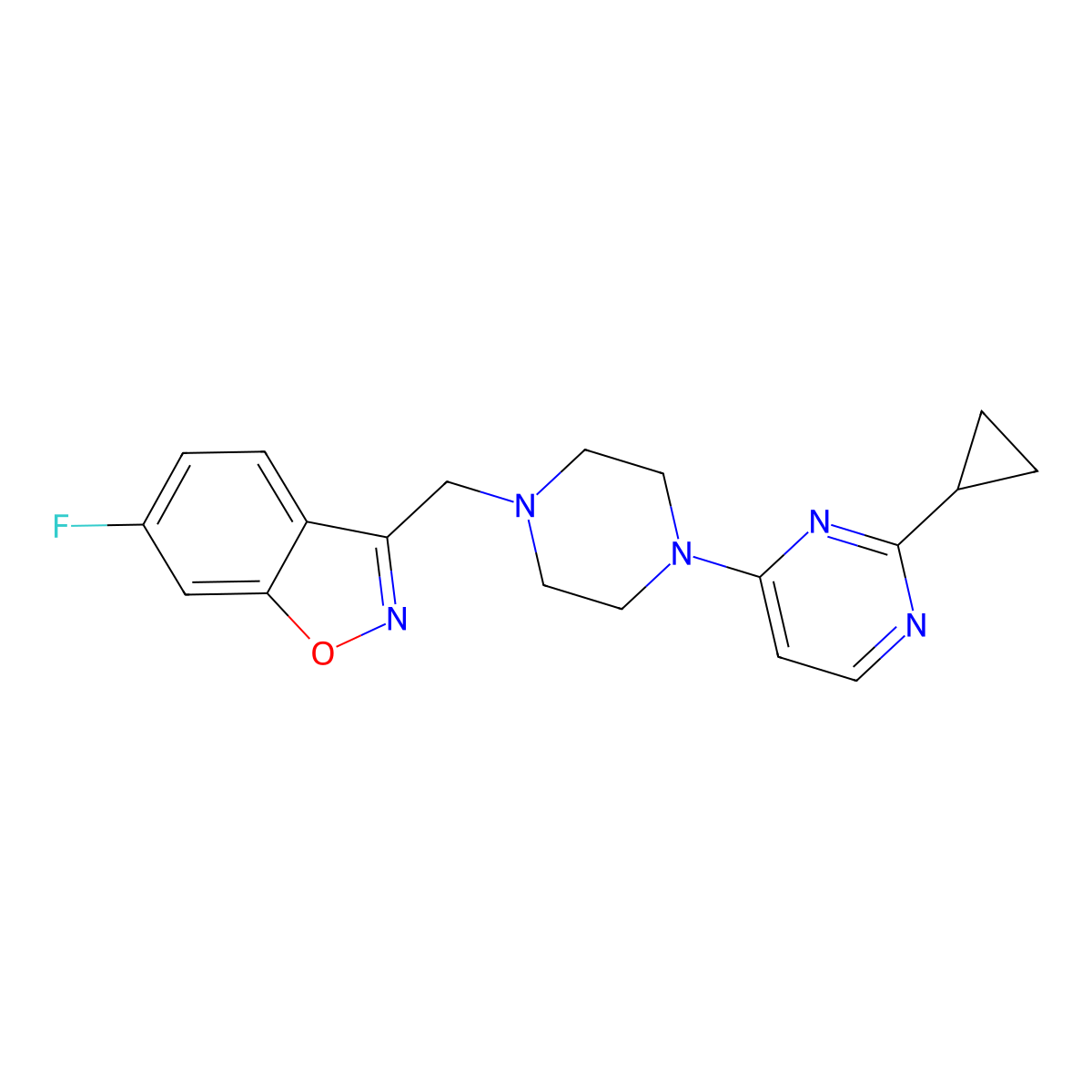 3-{[4-(2-Cyclopropylpyrimidin-4-yl)piperazin-1-yl]methyl}-6-fluoro-1,2-benzoxazole molecular structure, CAS 3030812-58-6