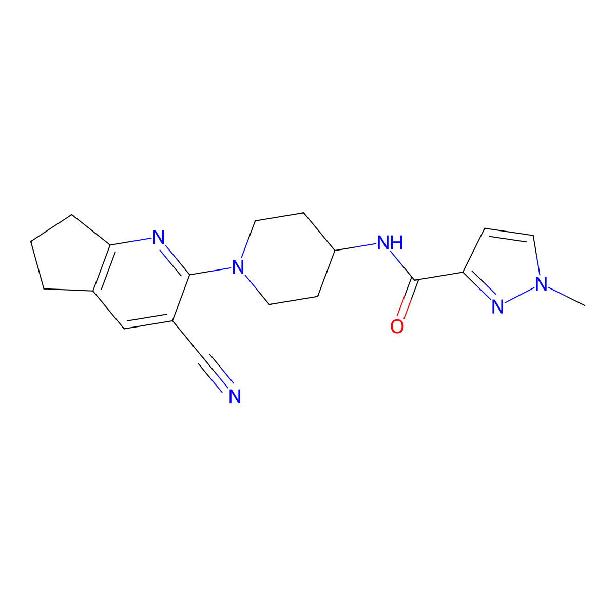 N-(1-{3-cyano-5H,6H,7H-cyclopenta[b]pyridin-2-yl}piperidin-4-yl)-1-methyl-1H-pyrazole-3-carboxamide molecular structure, CAS 3030812-59-7