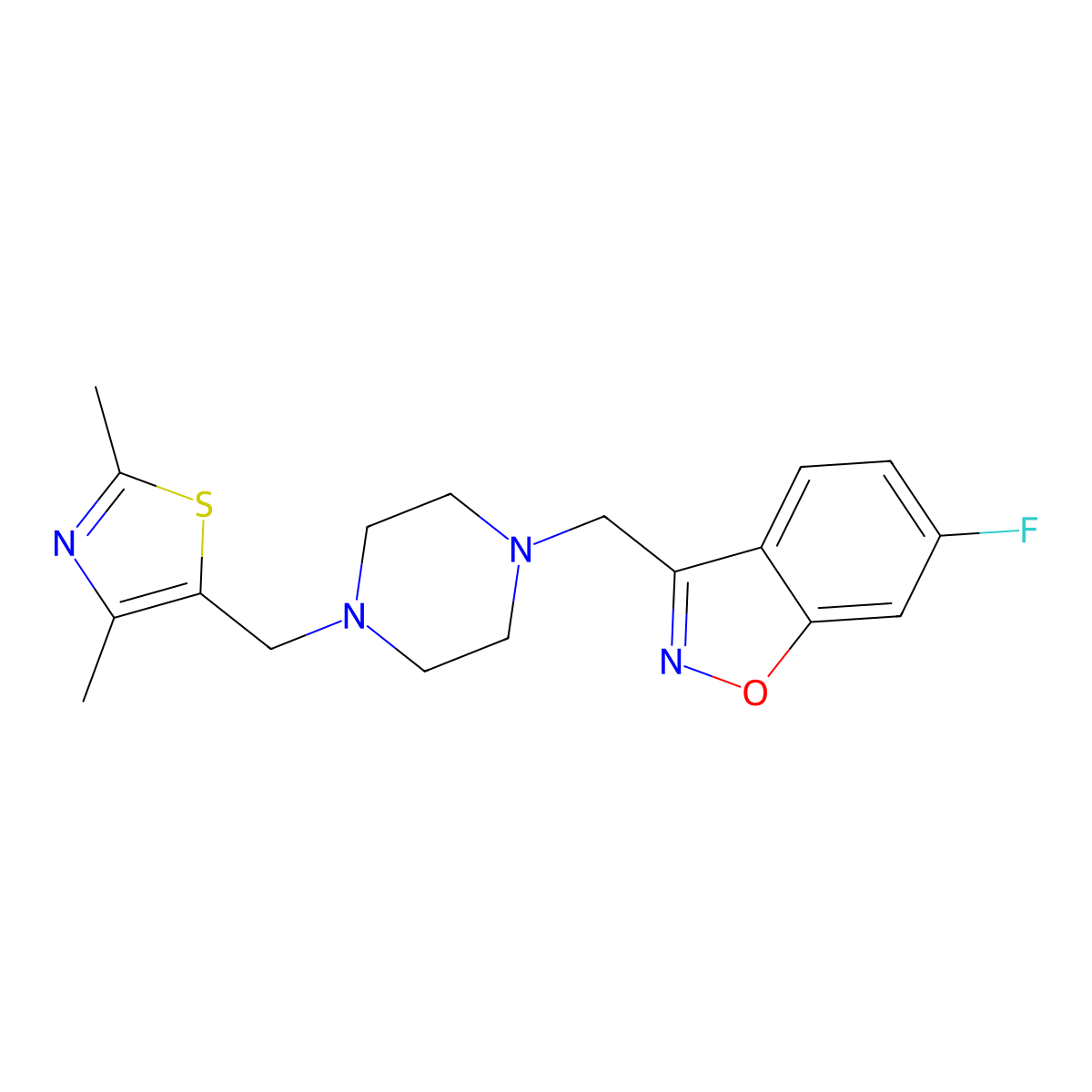3-({4-[(2,4-Dimethyl-1,3-thiazol-5-yl)methyl]piperazin-1-yl}methyl)-6-fluoro-1,2-benzoxazole molecular structure, CAS 3030812-62-2