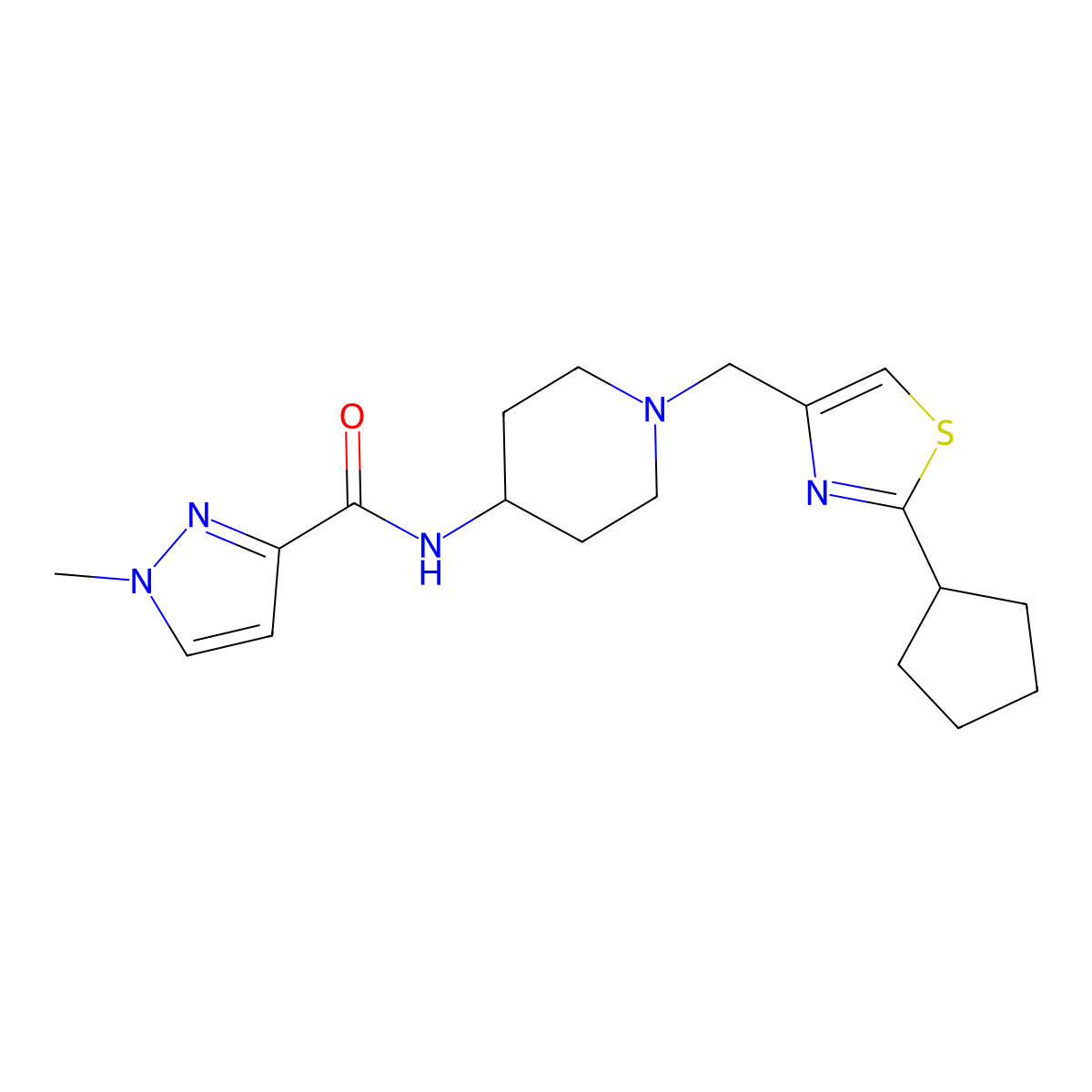 N-{1-[(2-cyclopentyl-1,3-thiazol-4-yl)methyl]piperidin-4-yl}-1-methyl-1H-pyrazole-3-carboxamide molecular structure, CAS 3030812-70-2