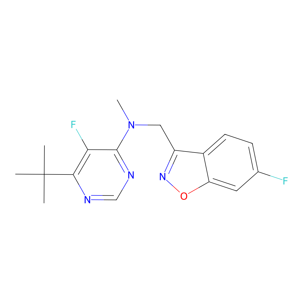 6-tert-butyl-5-fluoro-N-[(6-fluoro-1,2-benzoxazol-3-yl)methyl]-N-methylpyrimidin-4-amine molecular structure, CAS 3030812-72-4