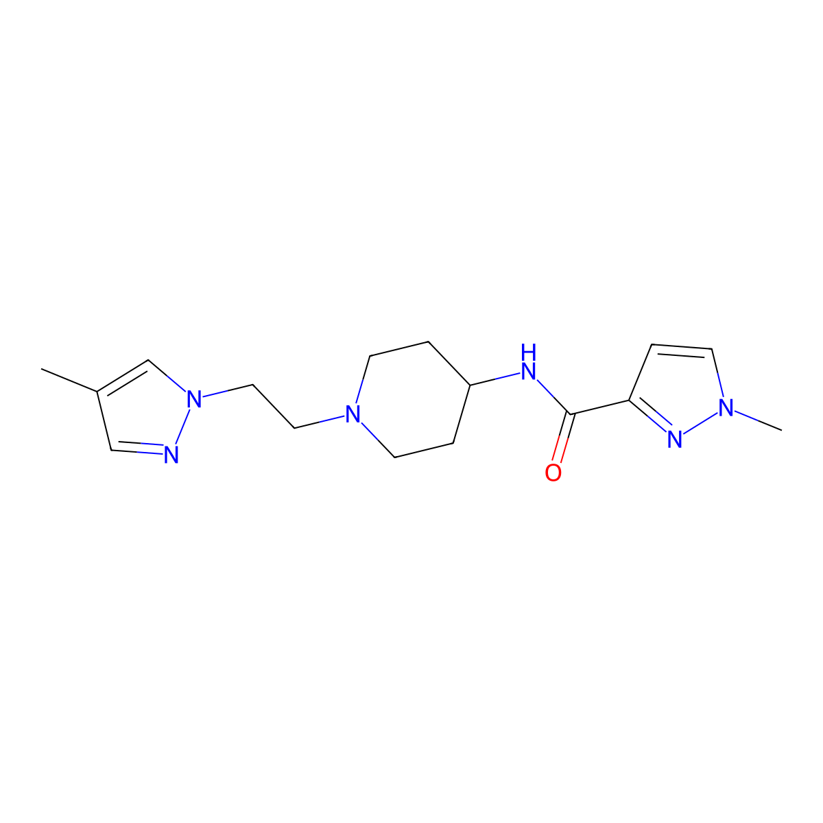 1-methyl-N-{1-[2-(4-methyl-1H-pyrazol-1-yl)ethyl]piperidin-4-yl}-1H-pyrazole-3-carboxamide molecular structure, CAS 3030812-79-1