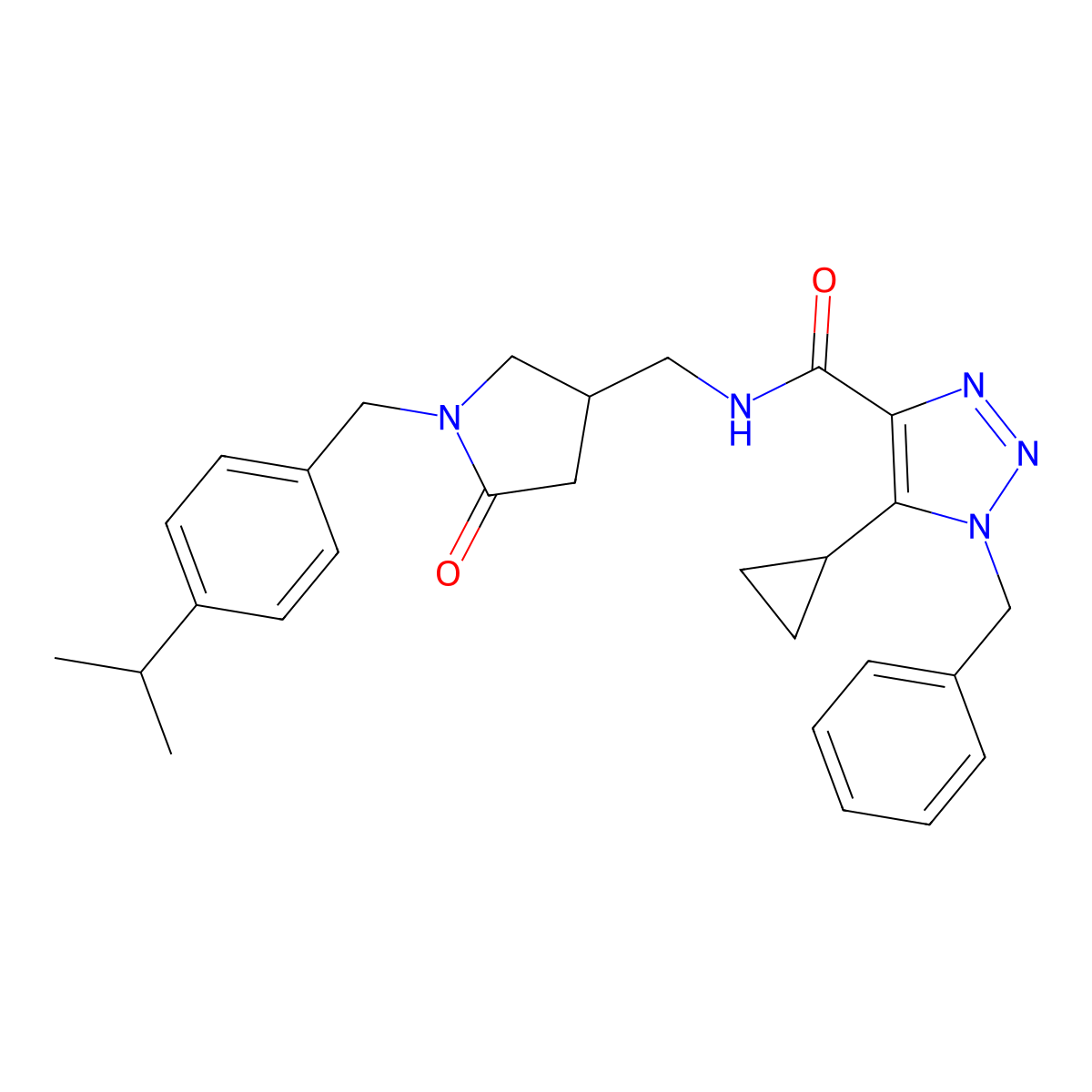 1-benzyl-5-cyclopropyl-N-[(5-oxo-1-{[4-(propan-2-yl)phenyl]methyl}pyrrolidin-3-yl)methyl]-1H-1,2,3-triazole-4-carboxamide molecular structure, CAS 3030812-83-7