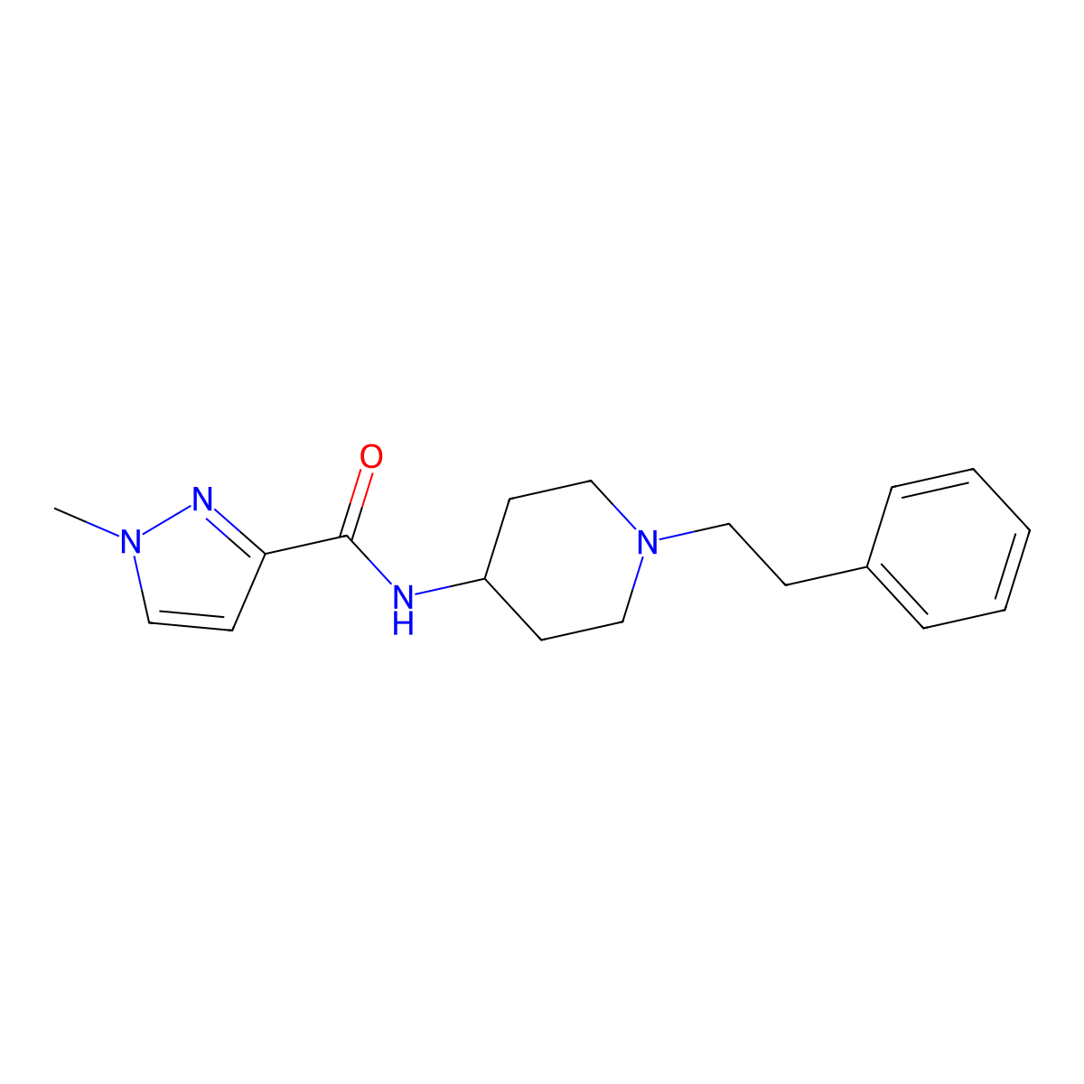 1-methyl-N-[1-(2-phenylethyl)piperidin-4-yl]-1H-pyrazole-3-carboxamide molecular structure, CAS 3030812-86-0