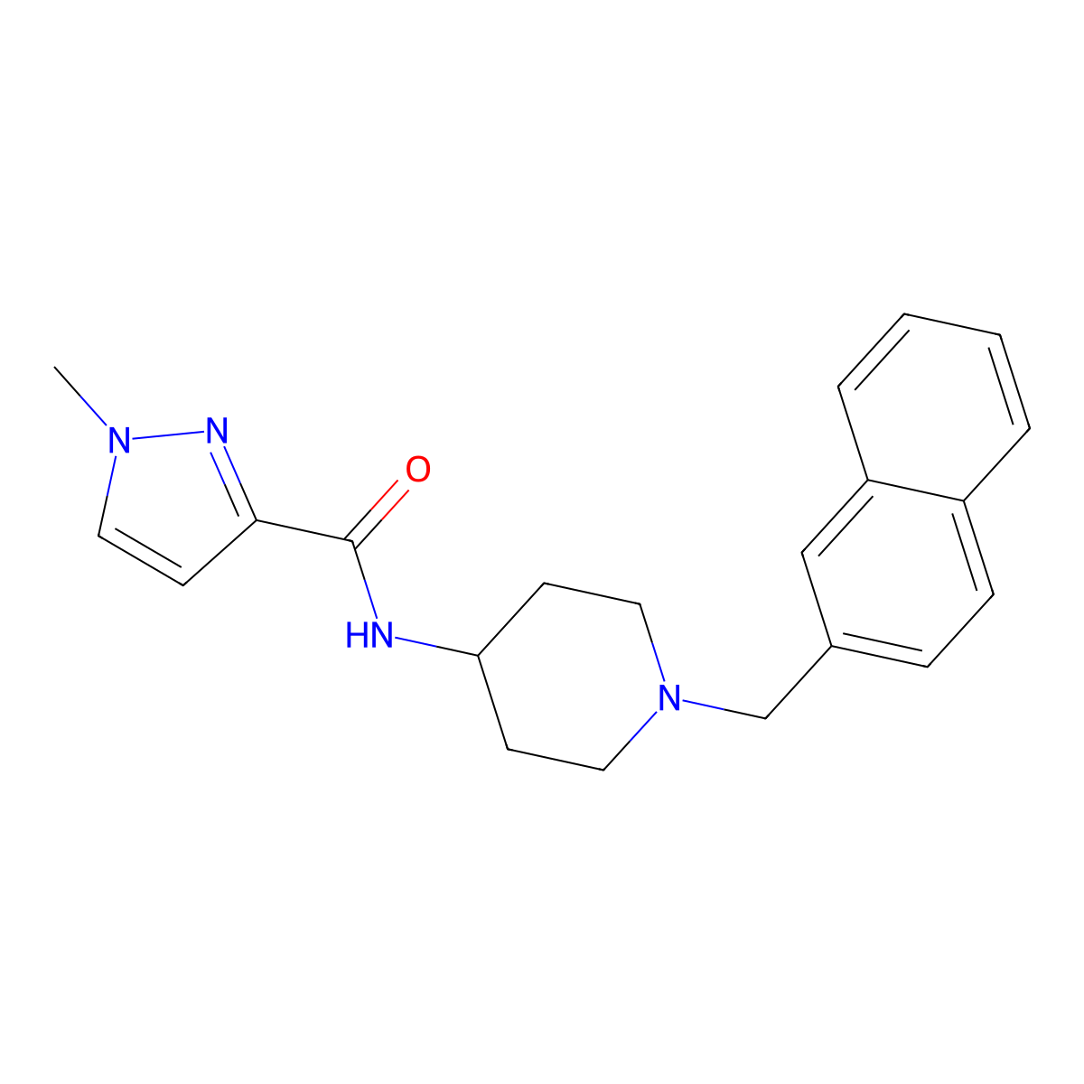 1-methyl-N-{1-[(naphthalen-2-yl)methyl]piperidin-4-yl}-1H-pyrazole-3-carboxamide molecular structure, CAS 3030812-93-9