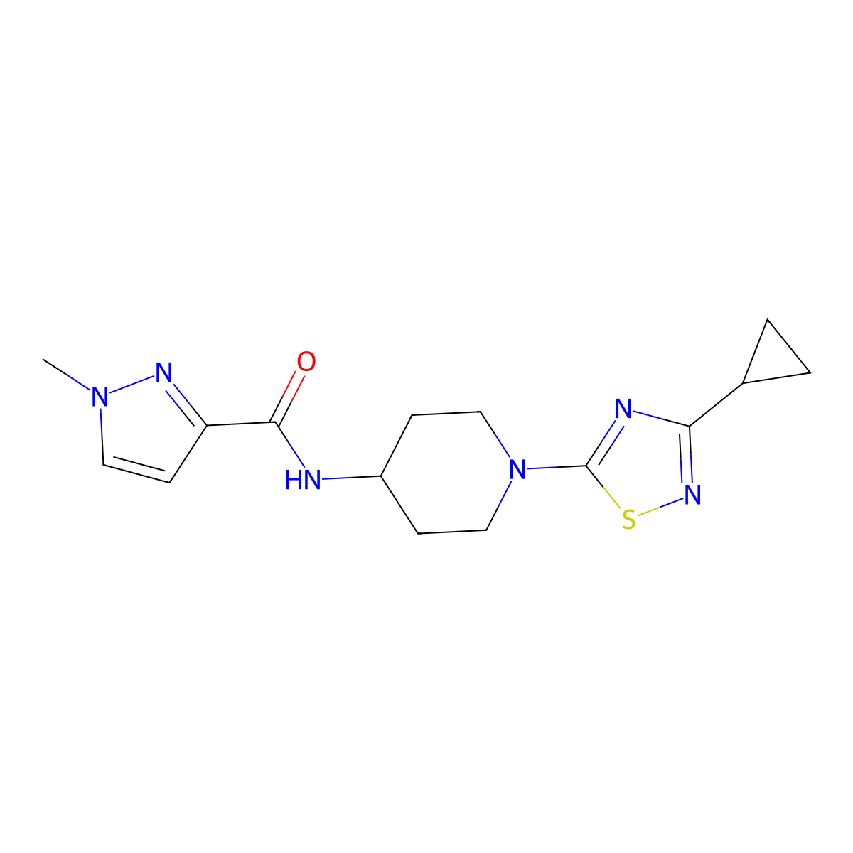 N-[1-(3-cyclopropyl-1,2,4-thiadiazol-5-yl)piperidin-4-yl]-1-methyl-1H-pyrazole-3-carboxamide molecular structure, CAS 3030813-10-3