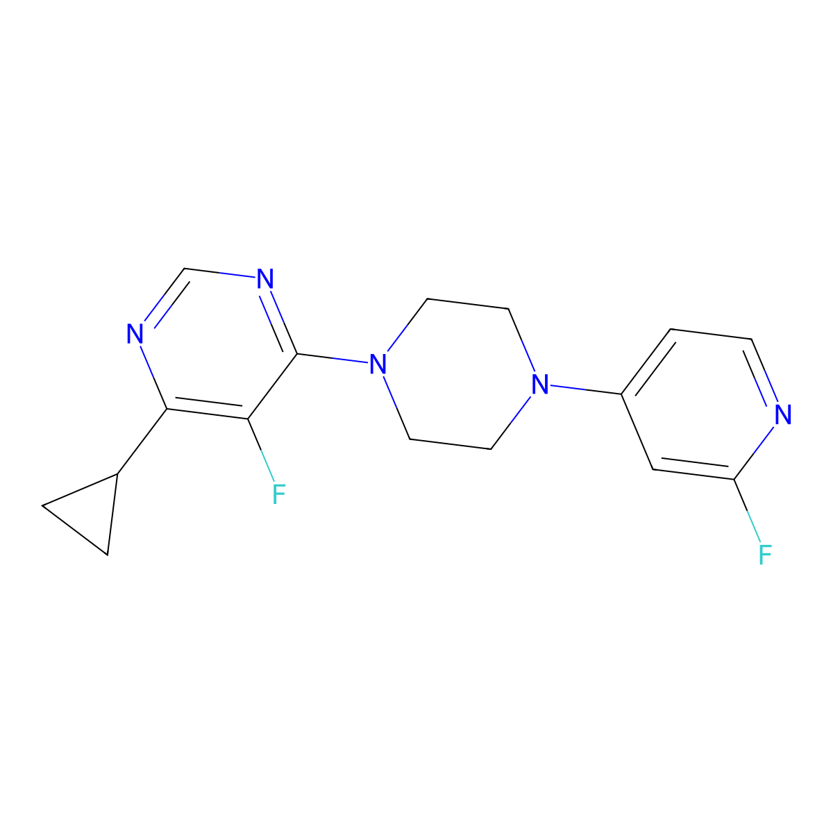 4-Cyclopropyl-5-fluoro-6-[4-(2-fluoropyridin-4-yl)piperazin-1-yl]pyrimidine molecular structure, CAS 3030813-46-5