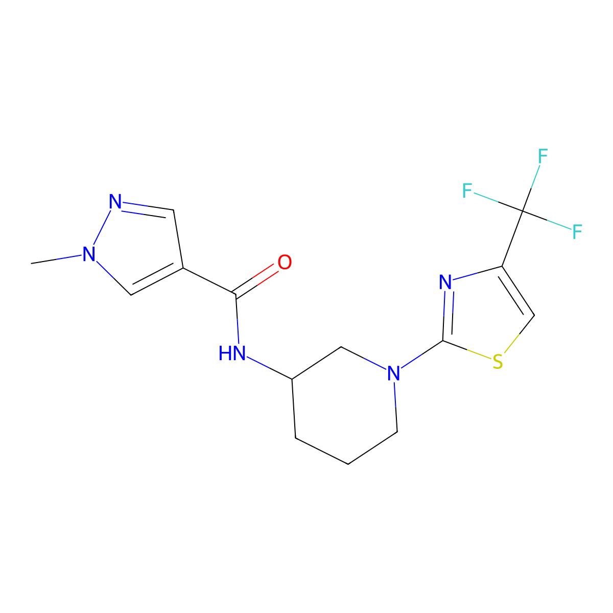 1-methyl-N-{1-[4-(trifluoromethyl)-1,3-thiazol-2-yl]piperidin-3-yl}-1H-pyrazole-4-carboxamide molecular structure, CAS 3030813-51-2