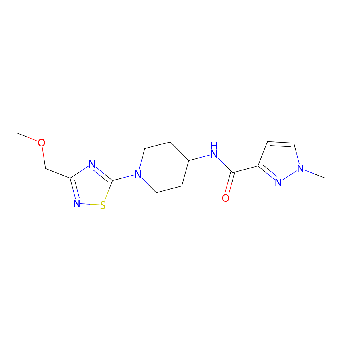 N-{1-[3-(methoxymethyl)-1,2,4-thiadiazol-5-yl]piperidin-4-yl}-1-methyl-1H-pyrazole-3-carboxamide molecular structure, CAS 3030813-53-4