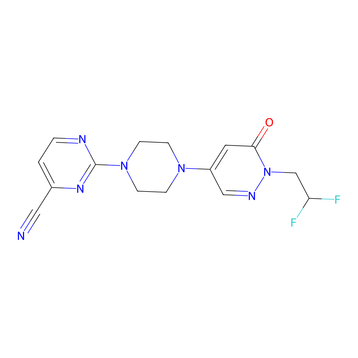 2-{4-[1-(2,2-Difluoroethyl)-6-oxo-1,6-dihydropyridazin-4-yl]piperazin-1-yl}pyrimidine-4-carbonitrile molecular structure, CAS 3030813-67-0