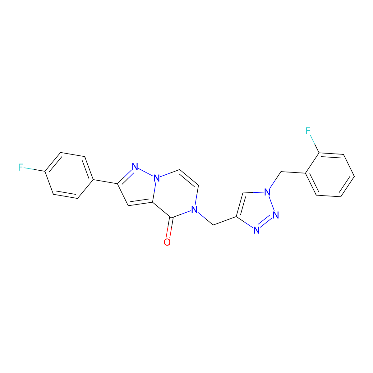 2-(4-fluorophenyl)-5-({1-[(2-fluorophenyl)methyl]-1H-1,2,3-triazol-4-yl}methyl)-4H,5H-pyrazolo[1,5-a]pyrazin-4-one molecular structure, CAS 3030813-98-7
