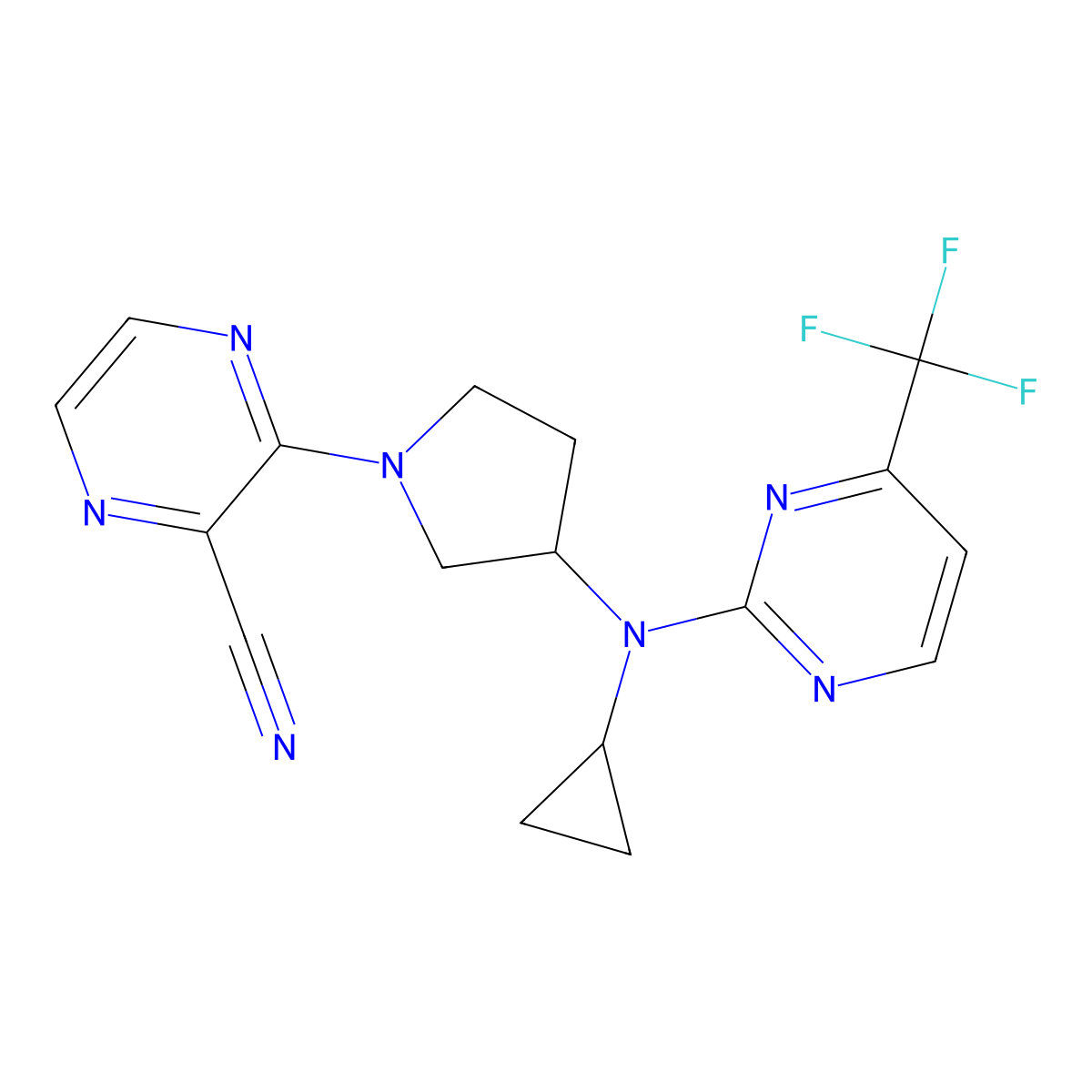 3-(3-{Cyclopropyl[4-(trifluoromethyl)pyrimidin-2-yl]amino}pyrrolidin-1-yl)pyrazine-2-carbonitrile molecular structure, CAS 3030814-08-2