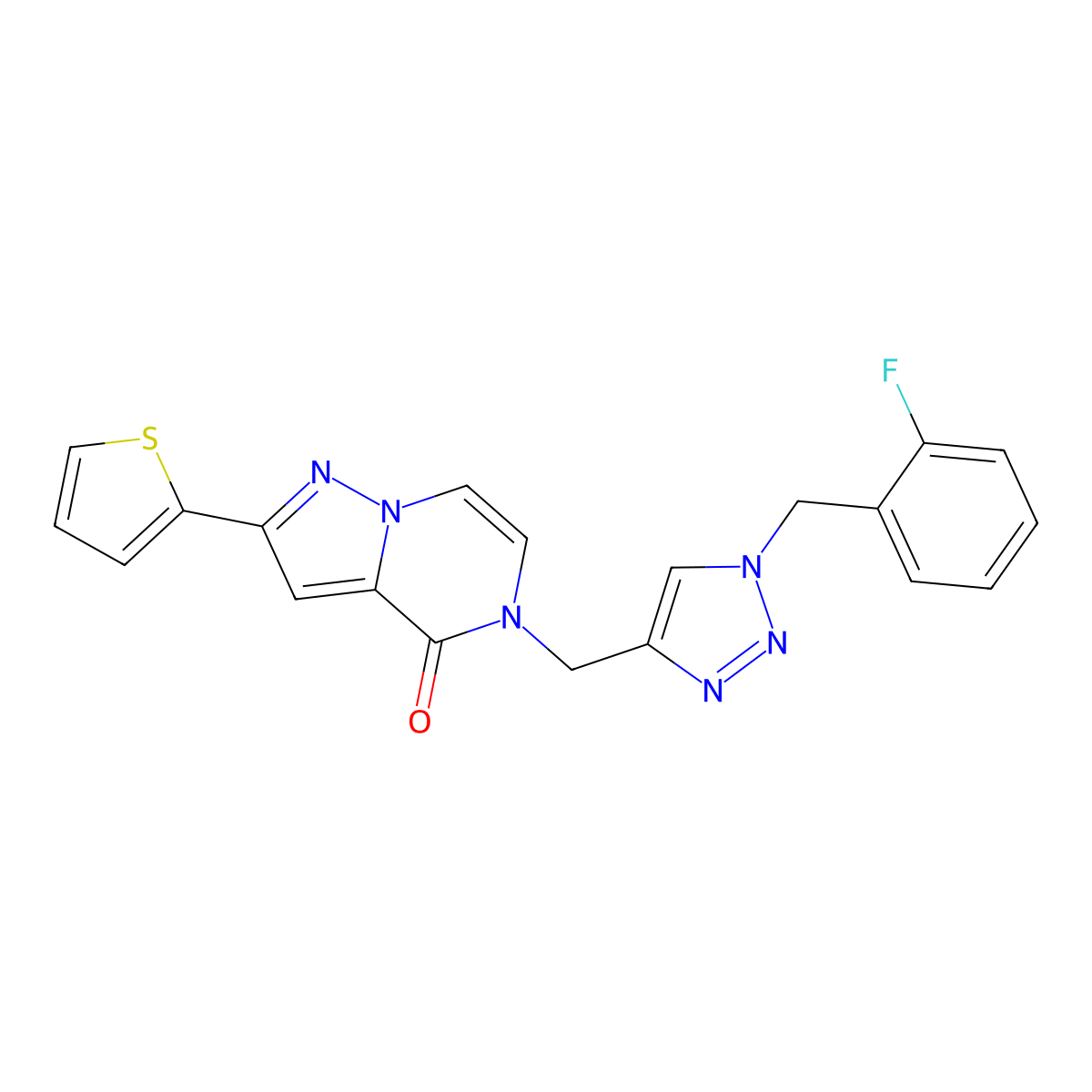5-({1-[(2-fluorophenyl)methyl]-1H-1,2,3-triazol-4-yl}methyl)-2-(thiophen-2-yl)-4H,5H-pyrazolo[1,5-a]pyrazin-4-one molecular structure, CAS 3030814-27-5