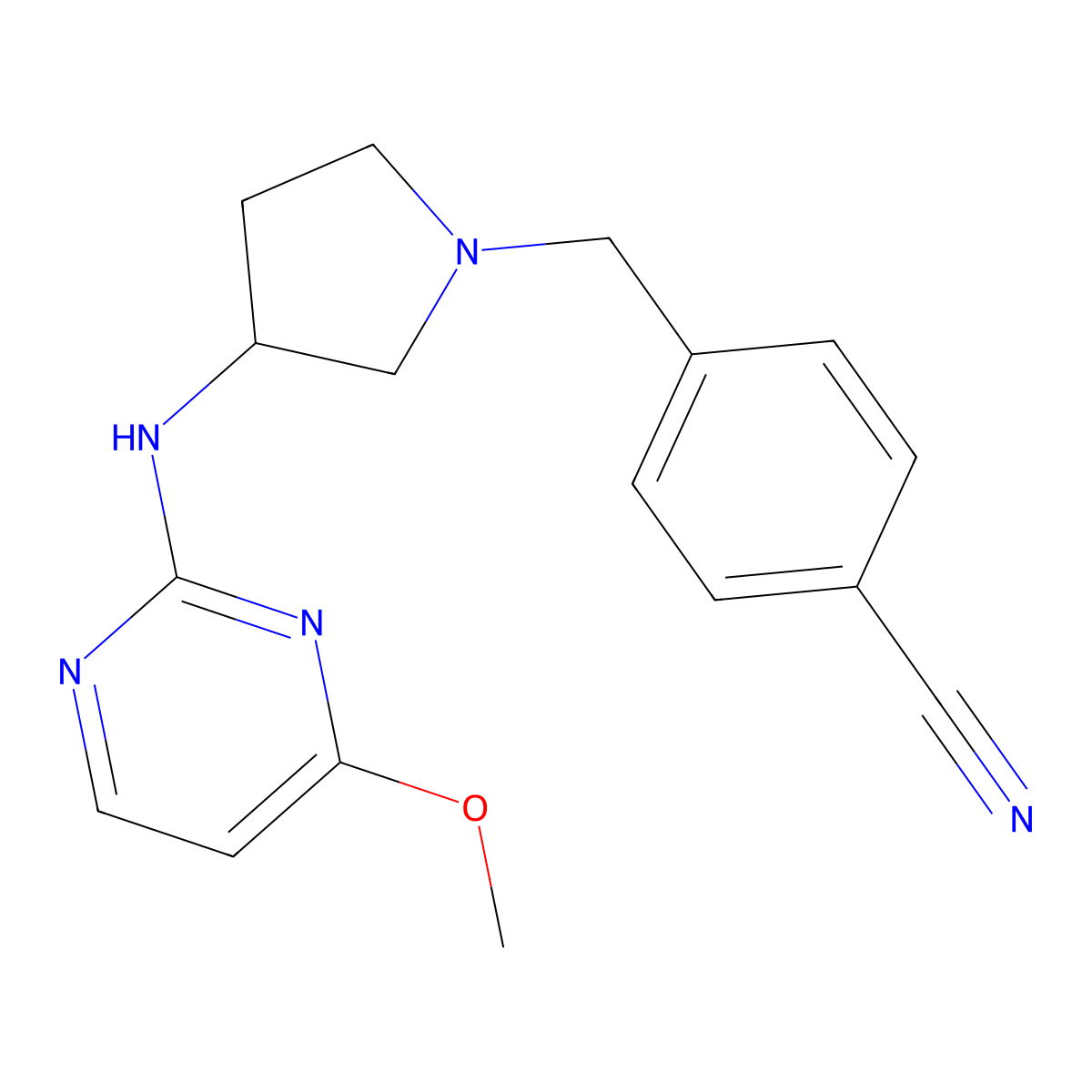 4-({3-[(4-Methoxypyrimidin-2-yl)amino]pyrrolidin-1-yl}methyl)benzonitrile molecular structure, CAS 3030814-28-6