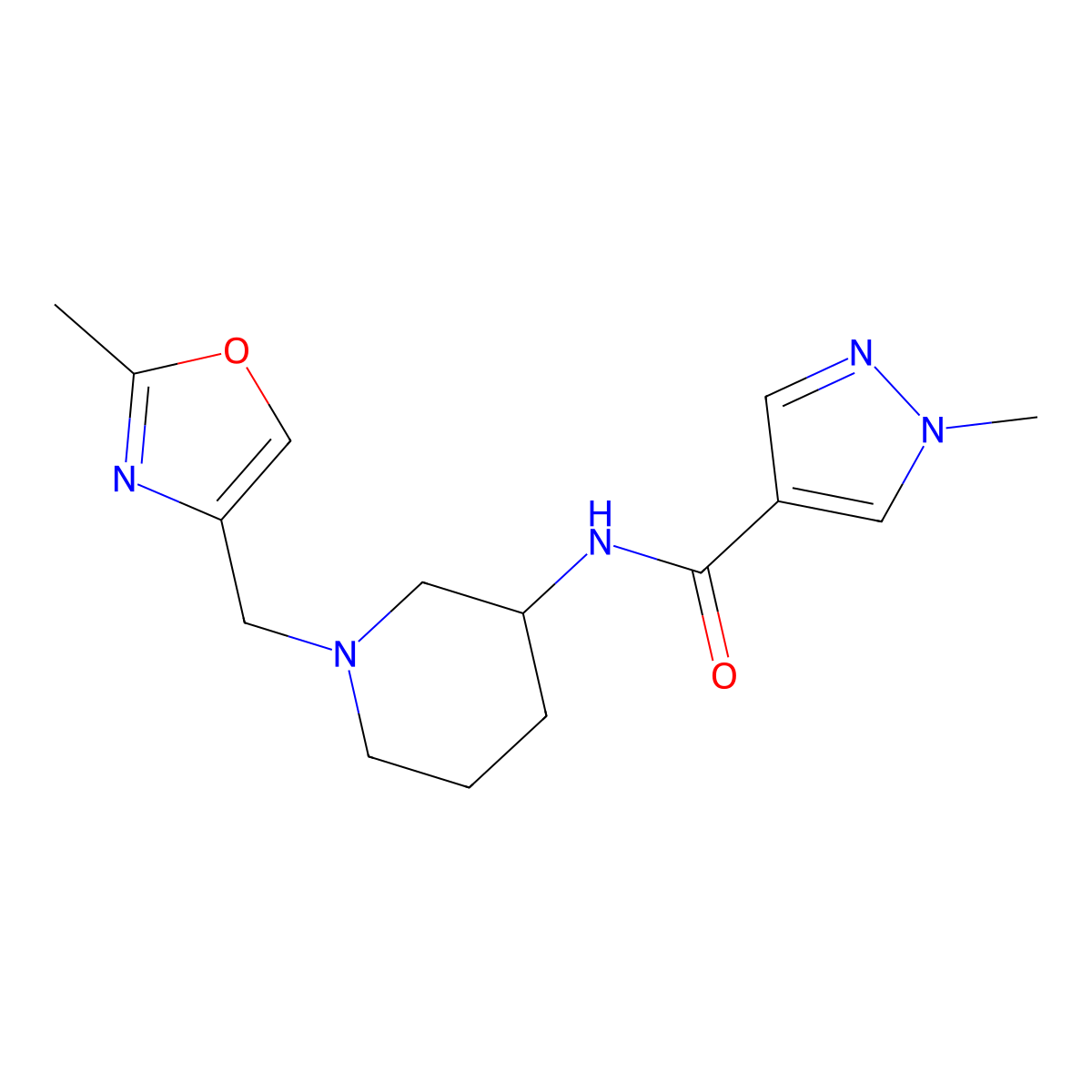 1-methyl-N-{1-[(2-methyl-1,3-oxazol-4-yl)methyl]piperidin-3-yl}-1H-pyrazole-4-carboxamide molecular structure, CAS 3030814-37-7