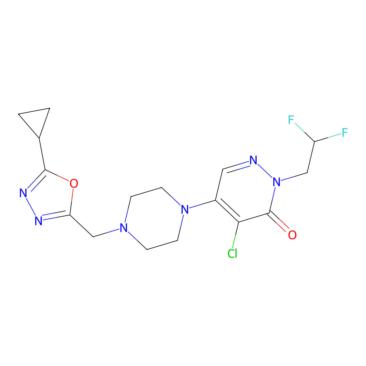4-Chloro-5-{4-[(5-cyclopropyl-1,3,4-oxadiazol-2-yl)methyl]piperazin-1-yl}-2-(2,2-difluoroethyl)-2,3-dihydropyridazin-3-one molecular structure, CAS 3030814-44-6