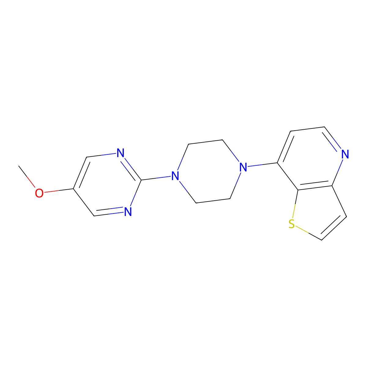 5-Methoxy-2-(4-{thieno[3,2-b]pyridin-7-yl}piperazin-1-yl)pyrimidine molecular structure, CAS 3030814-45-7