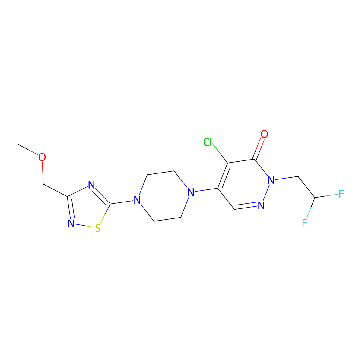 4-Chloro-2-(2,2-difluoroethyl)-5-{4-[3-(methoxymethyl)-1,2,4-thiadiazol-5-yl]piperazin-1-yl}-2,3-dihydropyridazin-3-one molecular structure, CAS 3030814-58-2