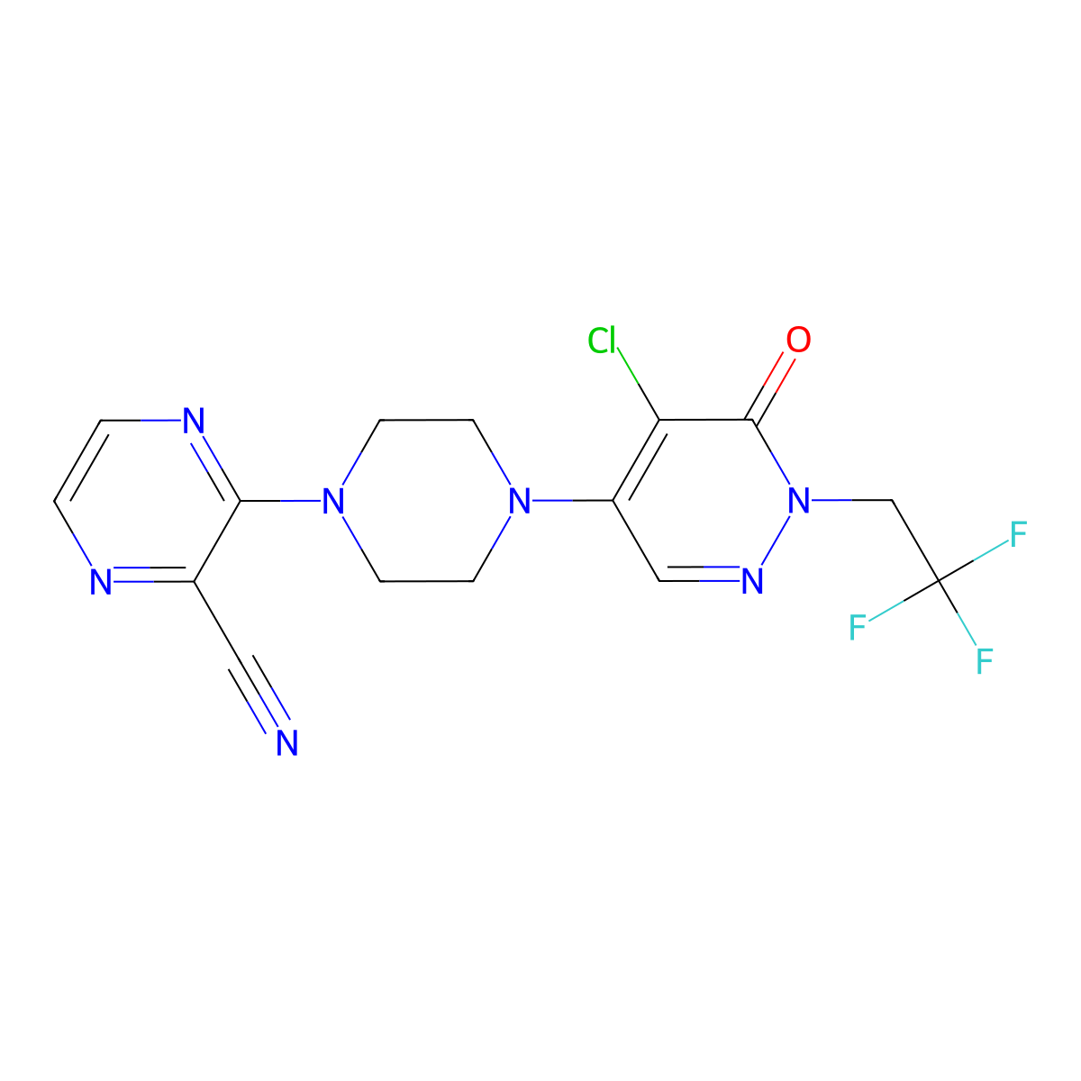 3-{4-[5-Chloro-6-oxo-1-(2,2,2-trifluoroethyl)-1,6-dihydropyridazin-4-yl]piperazin-1-yl}pyrazine-2-carbonitrile molecular structure, CAS 3030814-64-0