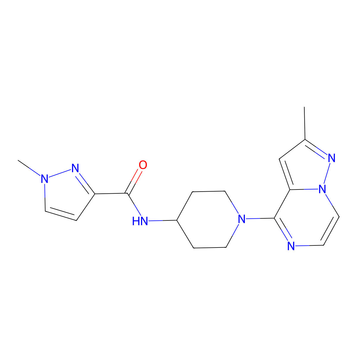 1-methyl-N-(1-{2-methylpyrazolo[1,5-a]pyrazin-4-yl}piperidin-4-yl)-1H-pyrazole-3-carboxamide molecular structure, CAS 3030814-86-6