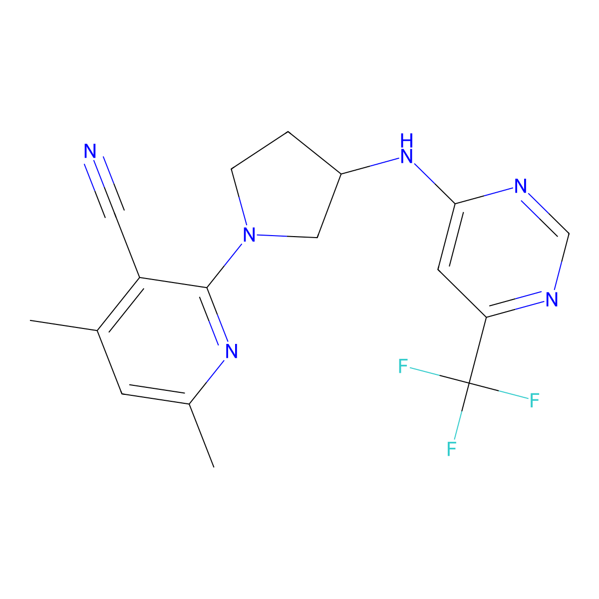 4,6-Dimethyl-2-[3-[[6-(trifluoromethyl)pyrimidin-4-yl]amino]pyrrolidin-1-yl]pyridine-3-carbonitrile molecular structure, CAS 3030814-90-2