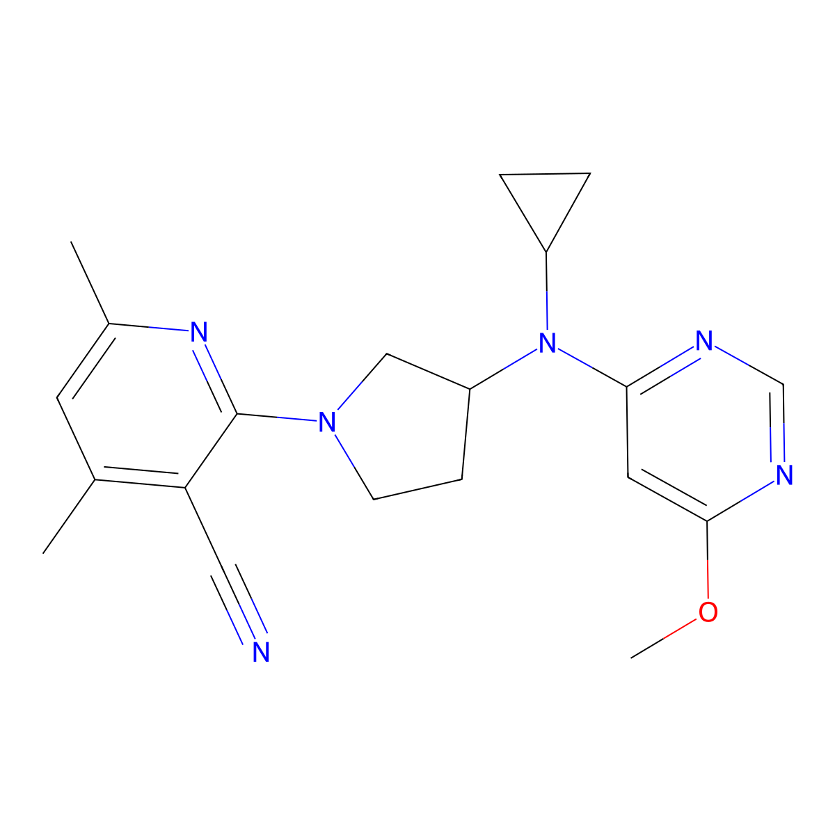 2-[3-[Cyclopropyl-(6-methoxypyrimidin-4-yl)amino]pyrrolidin-1-yl]-4,6-dimethylpyridine-3-carbonitrile molecular structure, CAS 3030814-97-9
