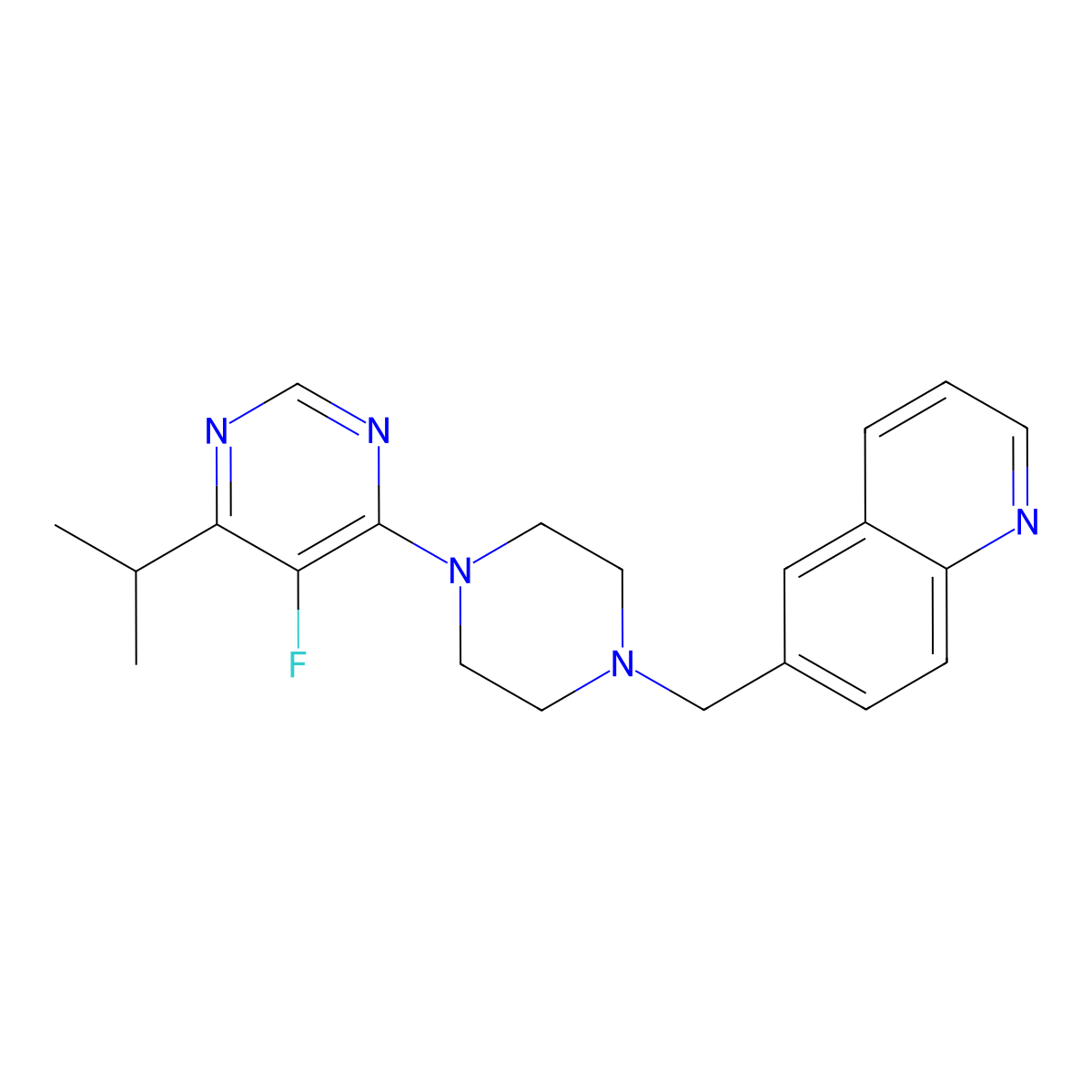 6-({4-[5-Fluoro-6-(propan-2-yl)pyrimidin-4-yl]piperazin-1-yl}methyl)quinoline molecular structure, CAS 3030815-01-8