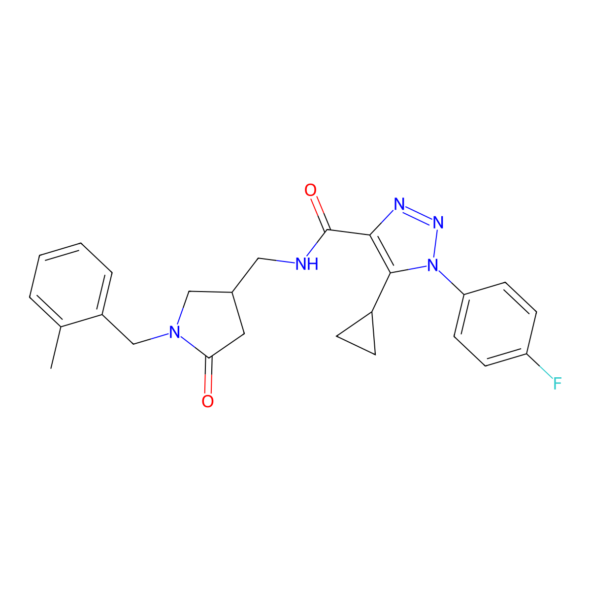 5-cyclopropyl-1-(4-fluorophenyl)-N-({1-[(2-methylphenyl)methyl]-5-oxopyrrolidin-3-yl}methyl)-1H-1,2,3-triazole-4-carboxamide molecular structure, CAS 3030815-11-0