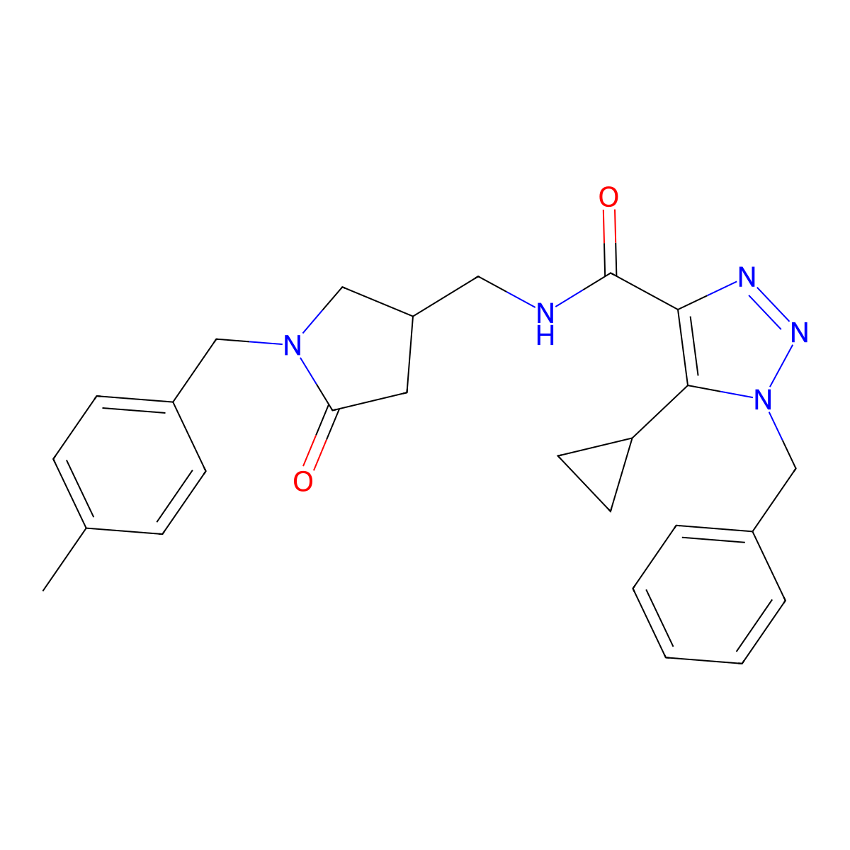 1-benzyl-5-cyclopropyl-N-({1-[(4-methylphenyl)methyl]-5-oxopyrrolidin-3-yl}methyl)-1H-1,2,3-triazole-4-carboxamide molecular structure, CAS 3030815-18-7