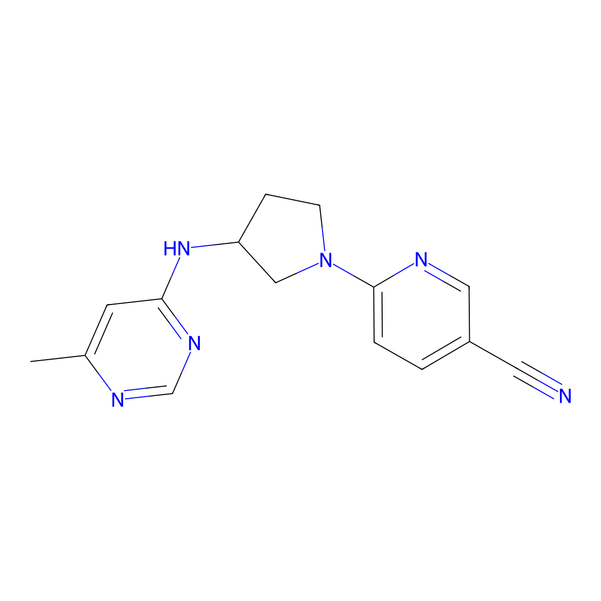 6-{3-[(6-Methylpyrimidin-4-yl)amino]pyrrolidin-1-yl}pyridine-3-carbonitrile molecular structure, CAS 3030815-32-5