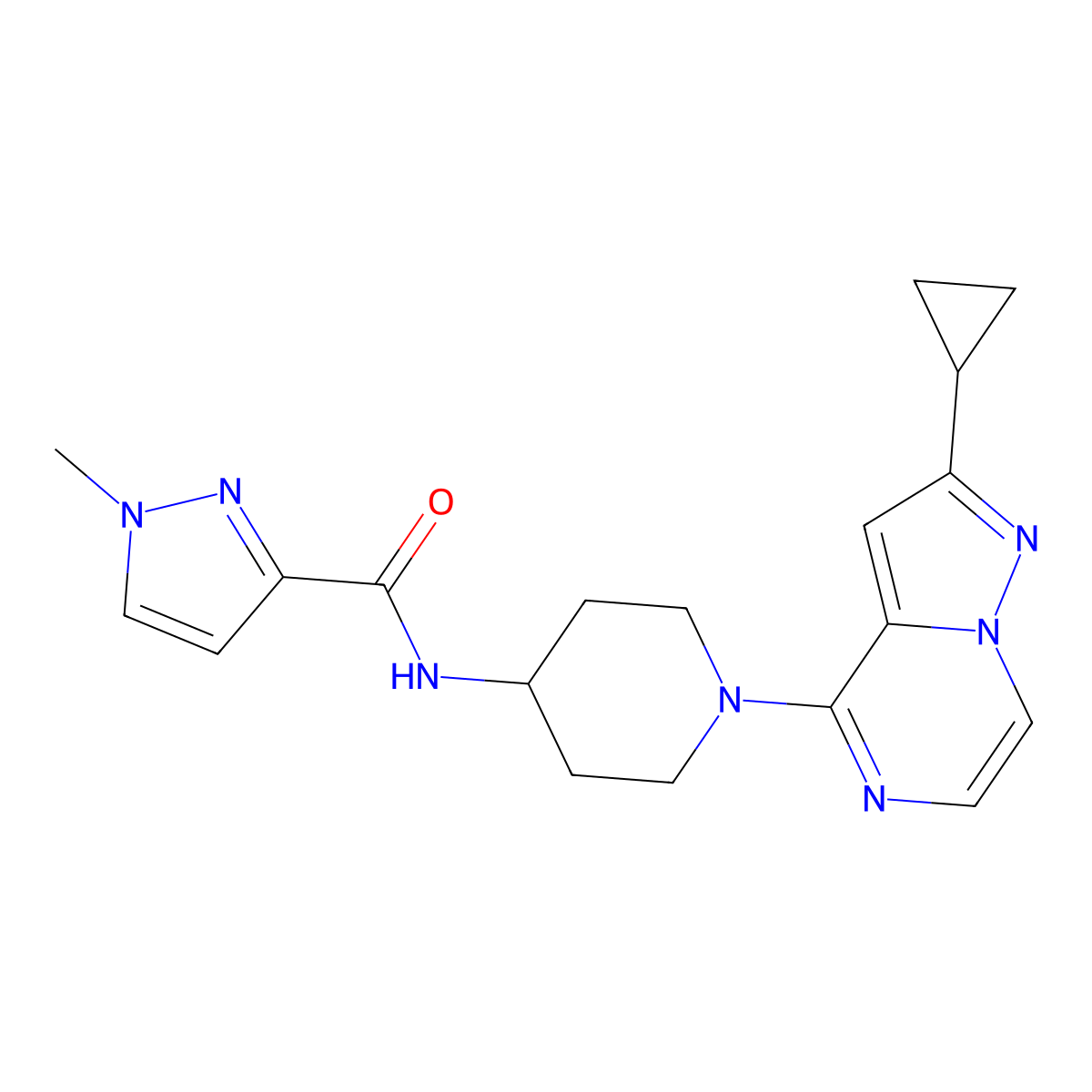 N-(1-{2-cyclopropylpyrazolo[1,5-a]pyrazin-4-yl}piperidin-4-yl)-1-methyl-1H-pyrazole-3-carboxamide molecular structure, CAS 3030815-37-0