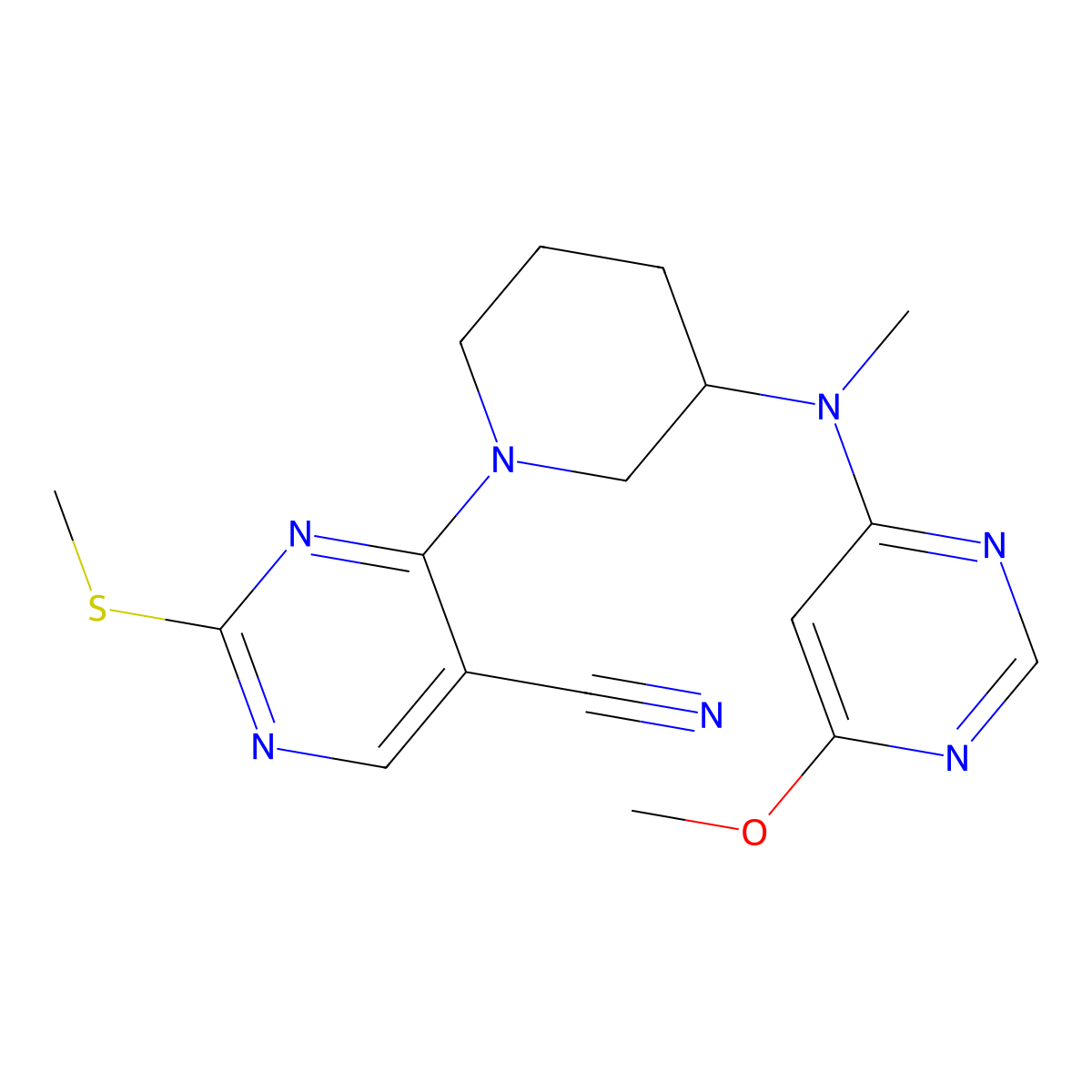 4-{3-[(6-Methoxypyrimidin-4-yl)(methyl)amino]piperidin-1-yl}-2-(methylsulfanyl)pyrimidine-5-carbonitrile molecular structure, CAS 3030815-56-3