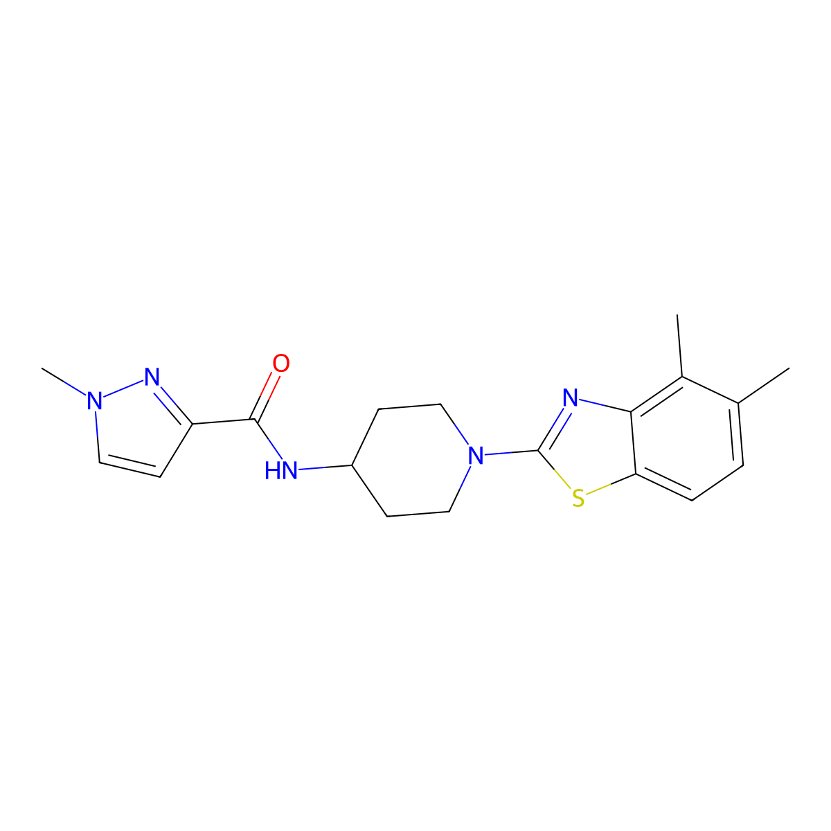 N-[1-(4,5-dimethyl-1,3-benzothiazol-2-yl)piperidin-4-yl]-1-methyl-1H-pyrazole-3-carboxamide molecular structure, CAS 3030815-66-5