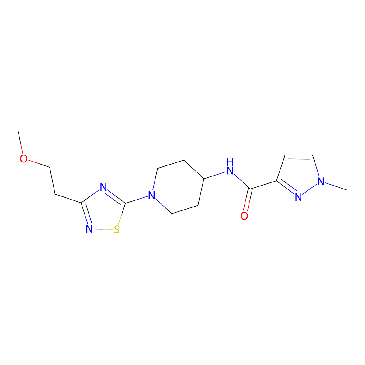 N-{1-[3-(2-methoxyethyl)-1,2,4-thiadiazol-5-yl]piperidin-4-yl}-1-methyl-1H-pyrazole-3-carboxamide molecular structure, CAS 3030815-71-2