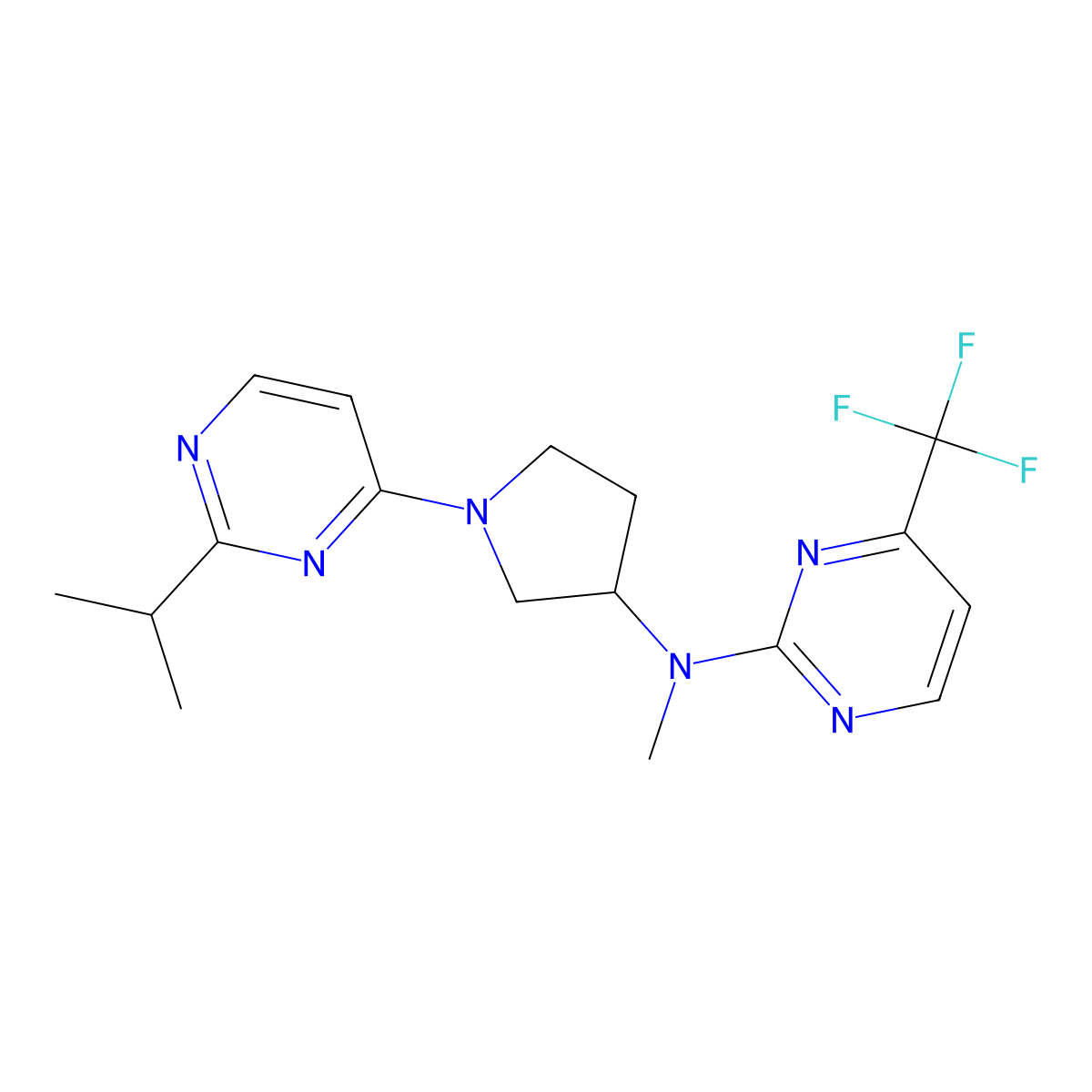 N-methyl-N-{1-[2-(propan-2-yl)pyrimidin-4-yl]pyrrolidin-3-yl}-4-(trifluoromethyl)pyrimidin-2-amine molecular structure, CAS 3030815-74-5