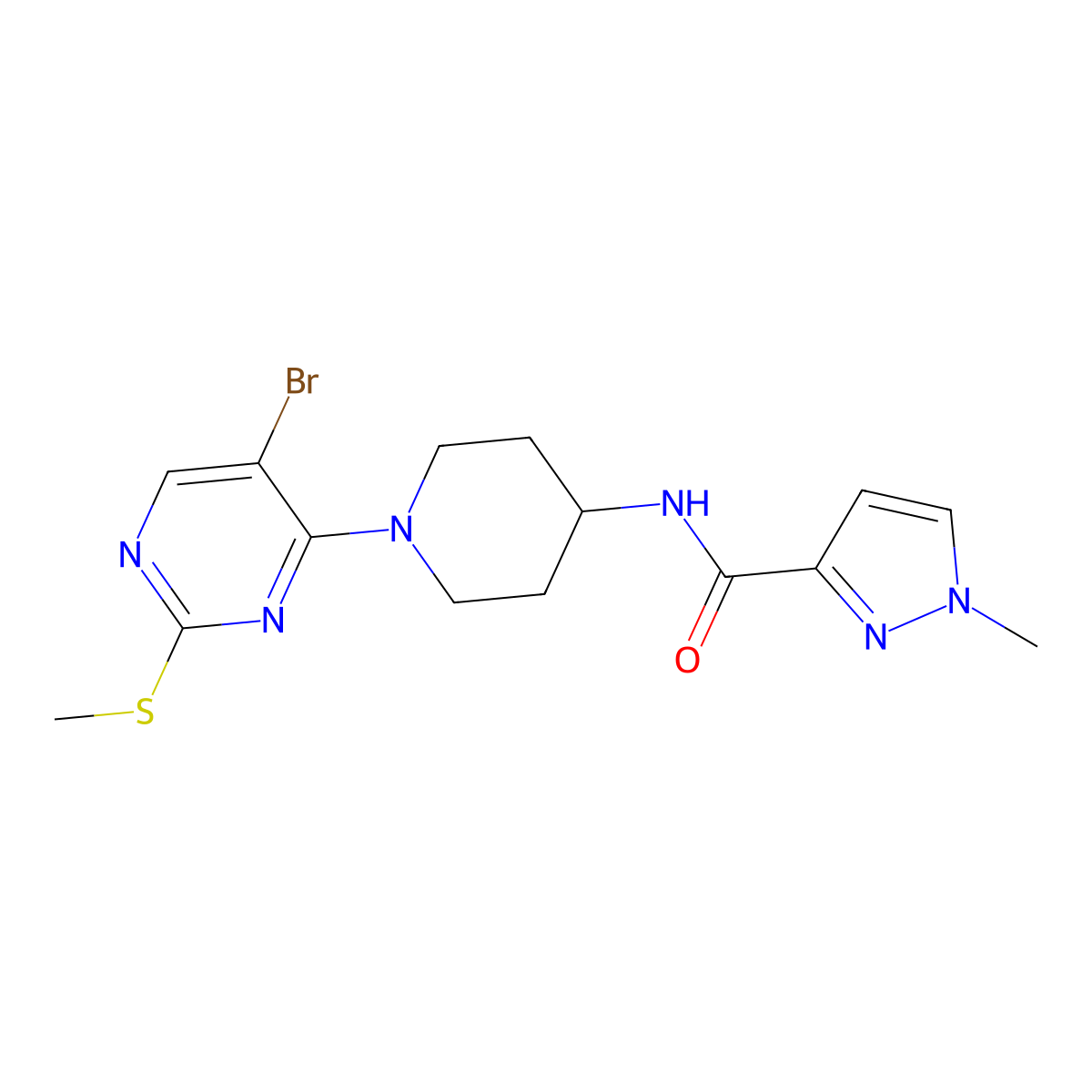 N-{1-[5-bromo-2-(methylsulfanyl)pyrimidin-4-yl]piperidin-4-yl}-1-methyl-1H-pyrazole-3-carboxamide molecular structure, CAS 3030815-76-7