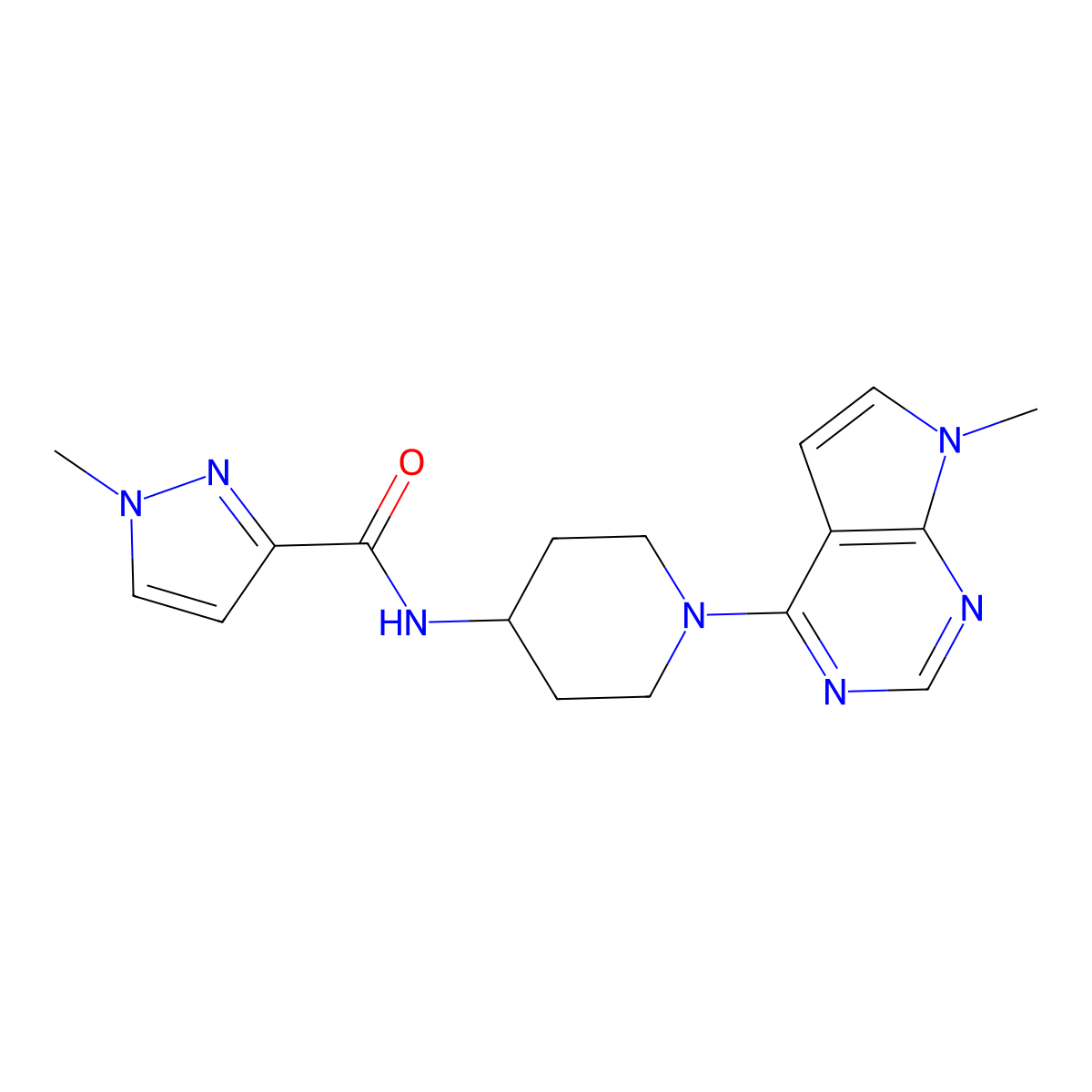 1-methyl-N-(1-{7-methyl-7H-pyrrolo[2,3-d]pyrimidin-4-yl}piperidin-4-yl)-1H-pyrazole-3-carboxamide molecular structure, CAS 3030815-82-5