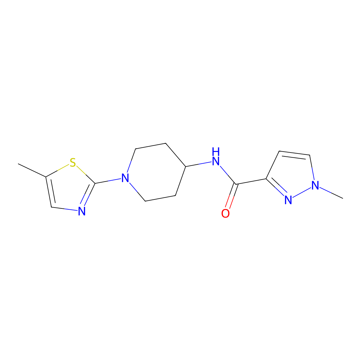 1-methyl-N-[1-(5-methyl-1,3-thiazol-2-yl)piperidin-4-yl]-1H-pyrazole-3-carboxamide molecular structure, CAS 3030815-87-0