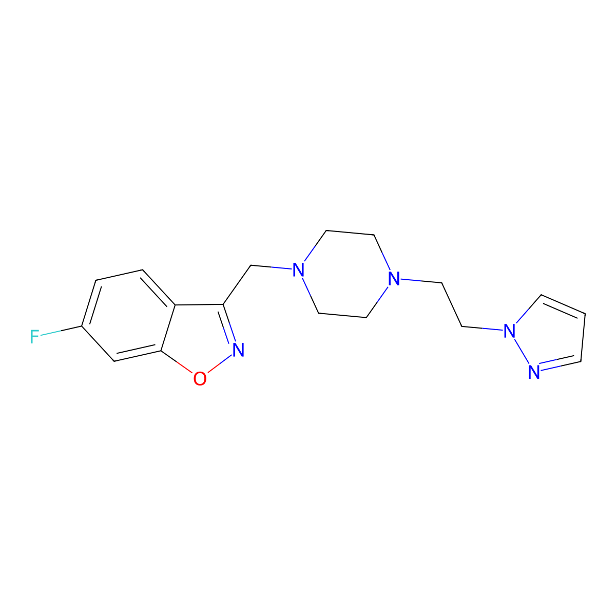 6-fluoro-3-({4-[2-(1H-pyrazol-1-yl)ethyl]piperazin-1-yl}methyl)-1,2-benzoxazole molecular structure, CAS 3030815-90-5
