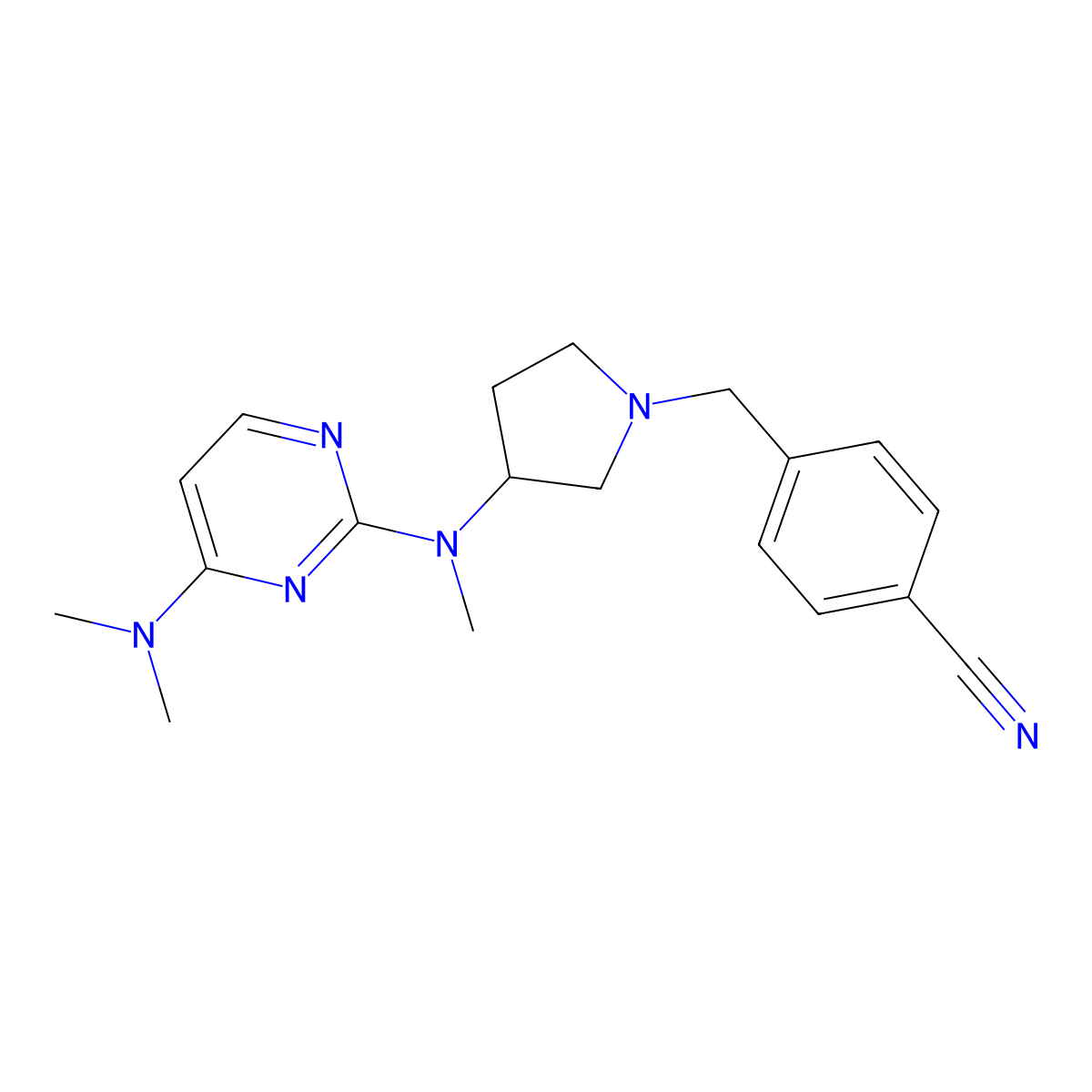 4-[(3-{[4-(Dimethylamino)pyrimidin-2-yl](methyl)amino}pyrrolidin-1-yl)methyl]benzonitrile molecular structure, CAS 3030815-98-3