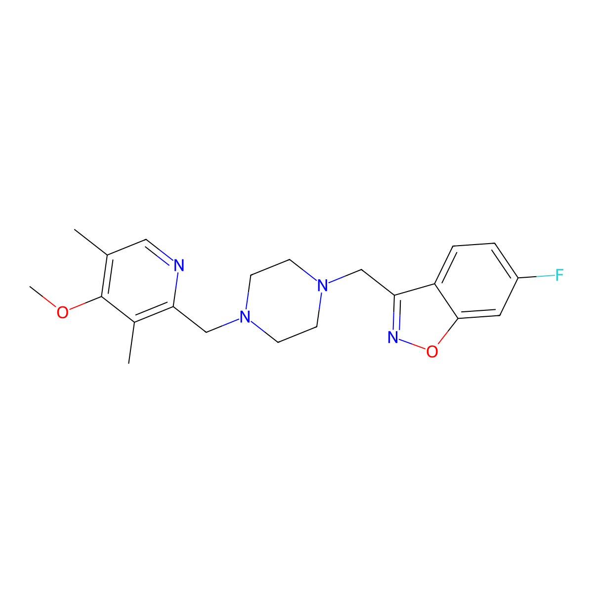 6-Fluoro-3-({4-[(4-methoxy-3,5-dimethylpyridin-2-yl)methyl]piperazin-1-yl}methyl)-1,2-benzoxazole molecular structure, CAS 3030815-99-4