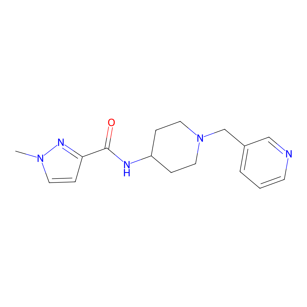1-methyl-N-{1-[(pyridin-3-yl)methyl]piperidin-4-yl}-1H-pyrazole-3-carboxamide molecular structure, CAS 3030816-02-2