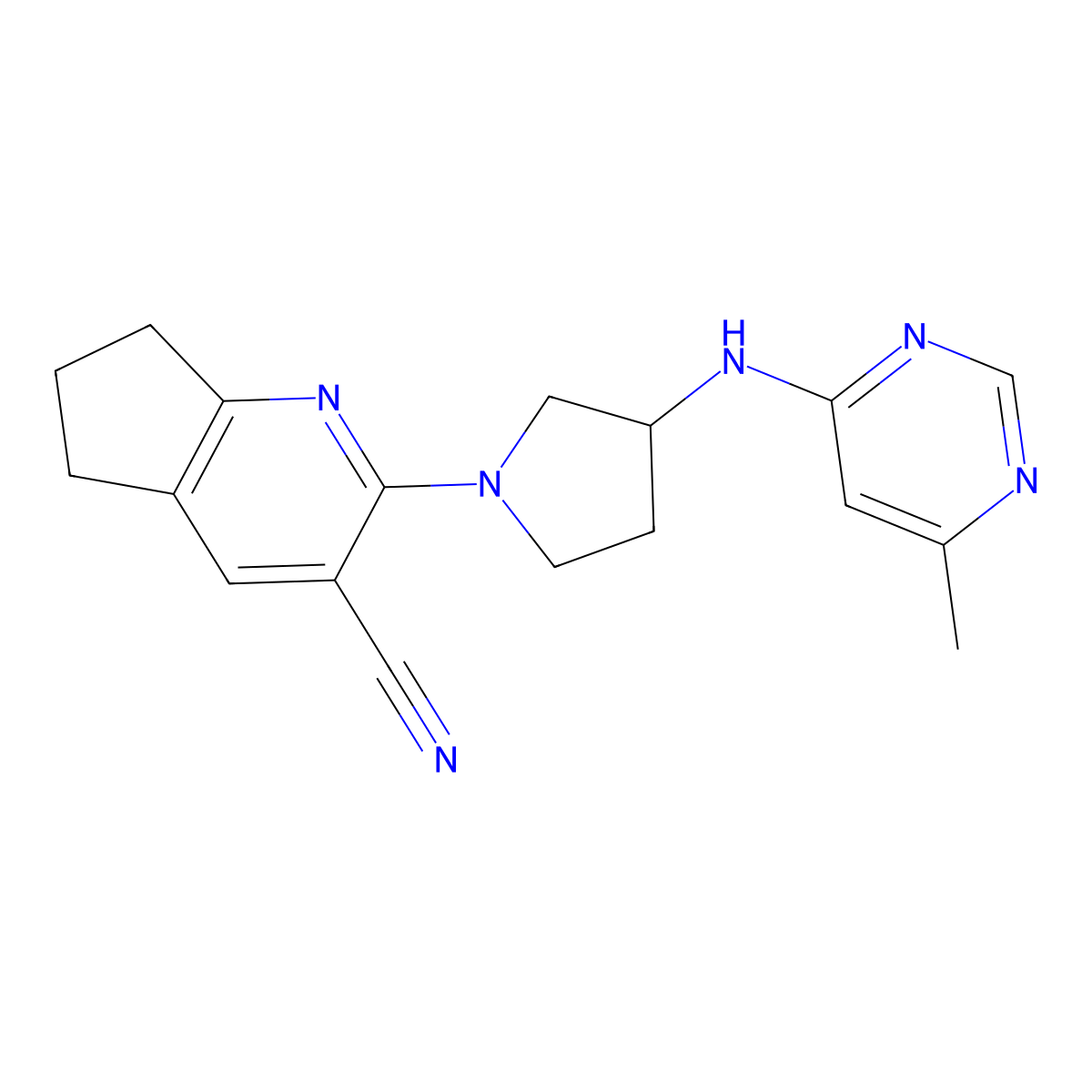 2-{3-[(6-methylpyrimidin-4-yl)amino]pyrrolidin-1-yl}-5H,6H,7H-cyclopenta[b]pyridine-3-carbonitrile molecular structure, CAS 3030816-06-6
