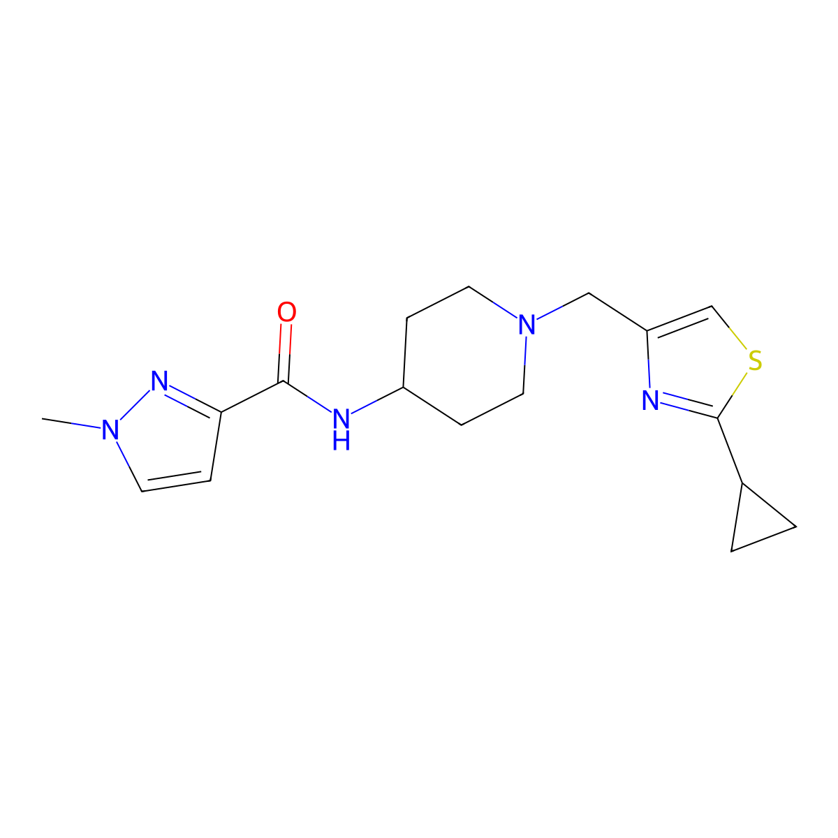 N-{1-[(2-cyclopropyl-1,3-thiazol-4-yl)methyl]piperidin-4-yl}-1-methyl-1H-pyrazole-3-carboxamide molecular structure, CAS 3030816-13-5